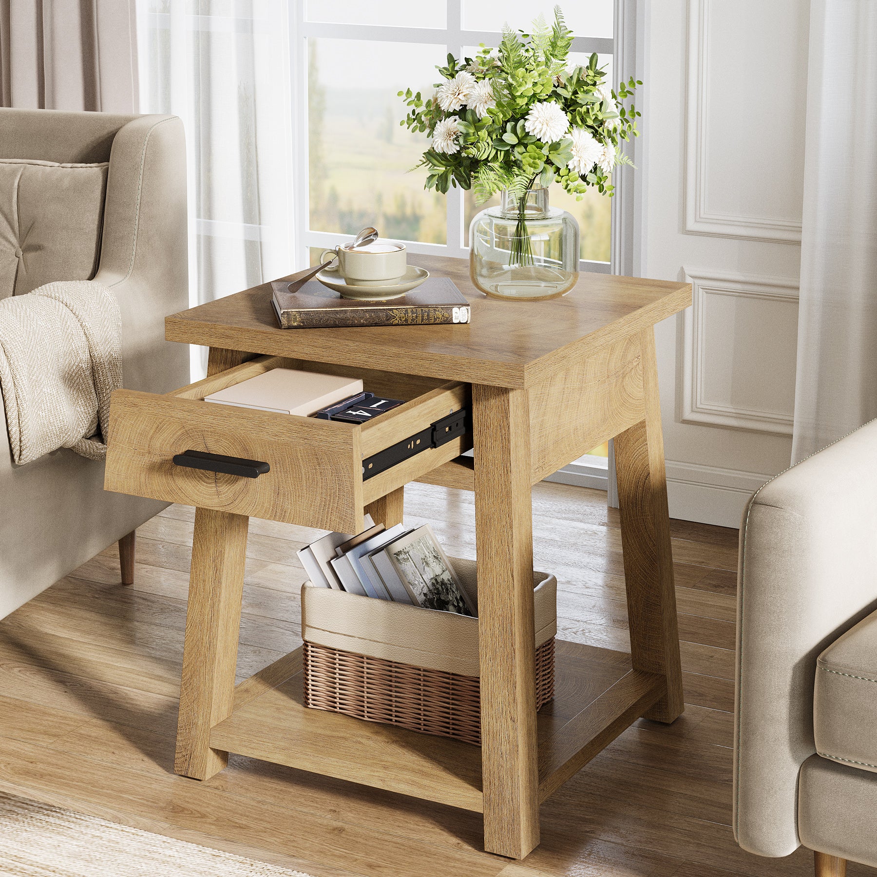 End Table with Drawer, 2 -Tier Wooden Side Table with Shelf Storage