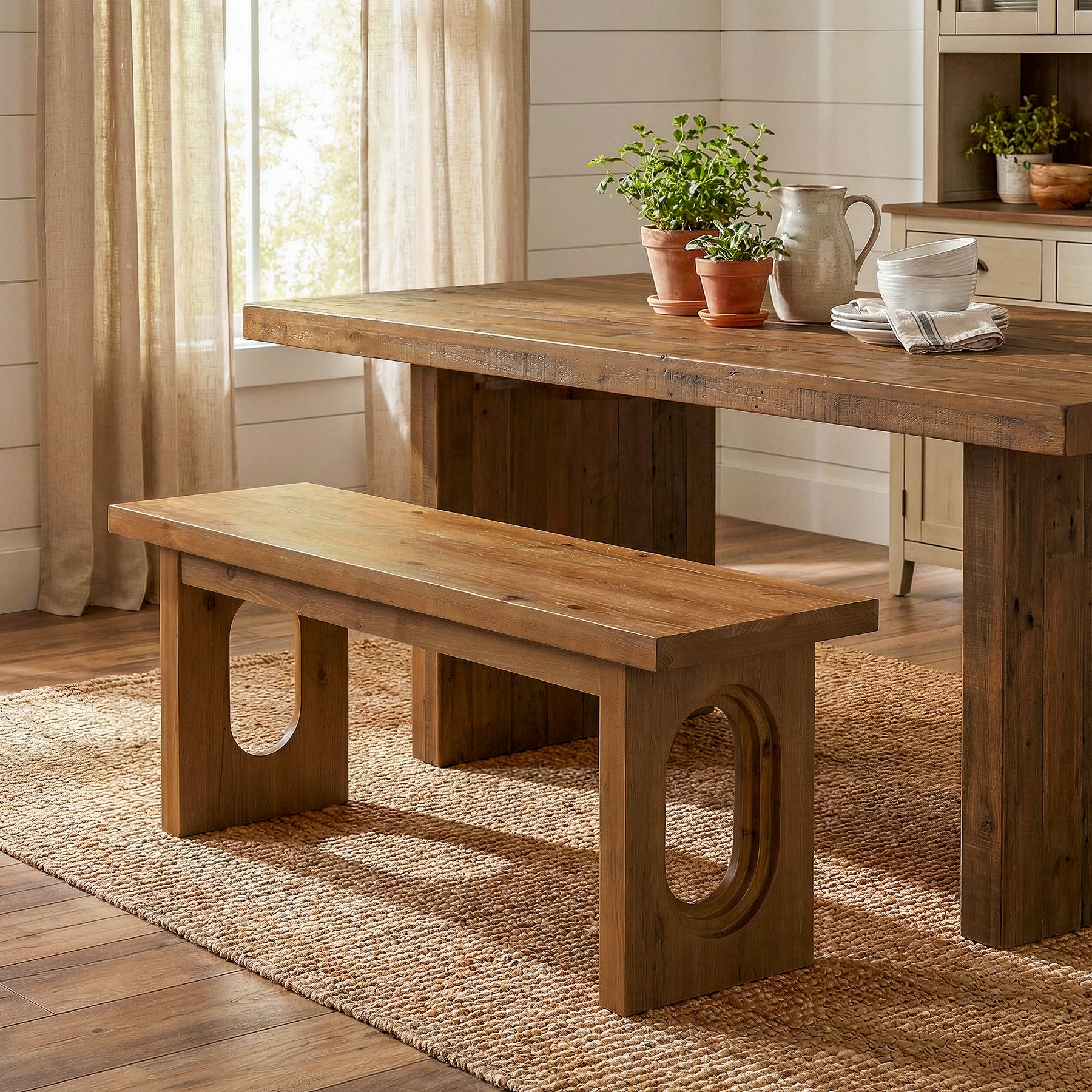 43.3" Solid Wood Dining Bench, Farmhouse Dining Room Bench with Hollowed Legs