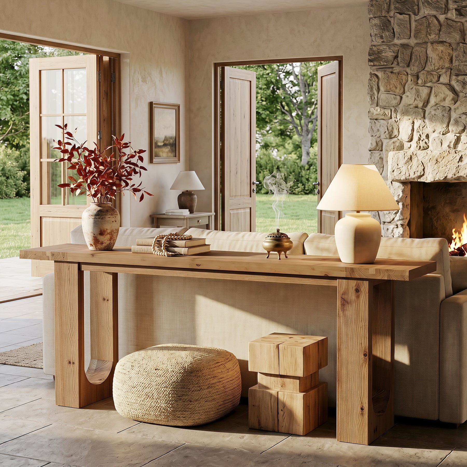 78.74" Solid Wood Console Table, Long Entryway Table with Hollow U-shaped Base