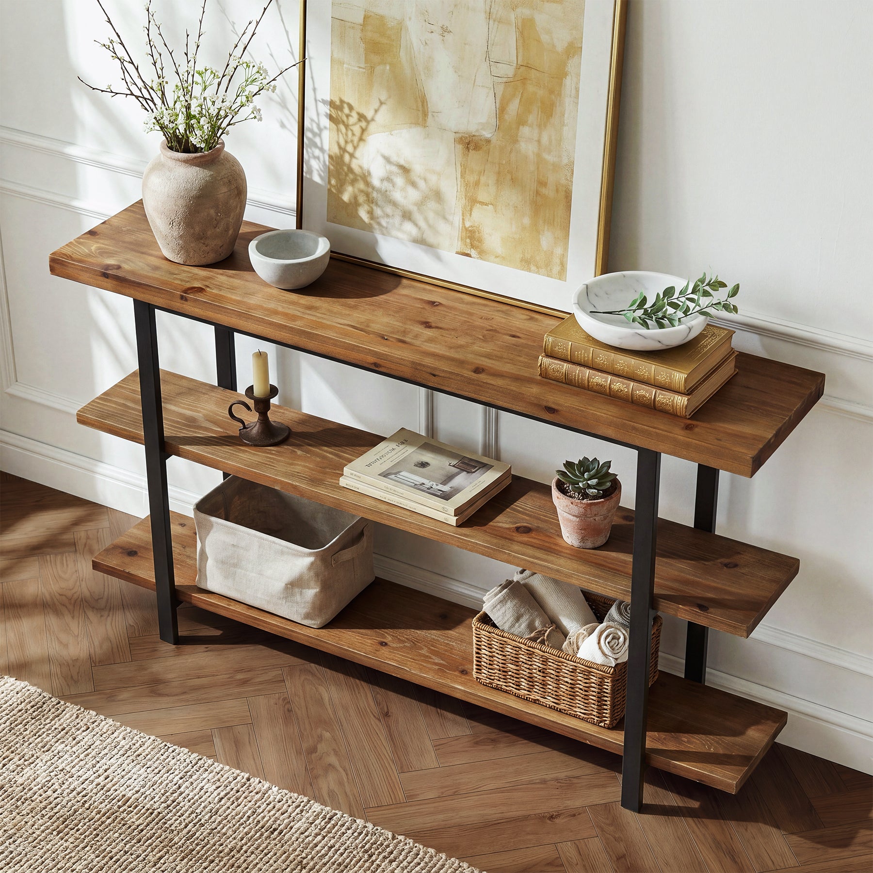 63" Solid Wood Console Table with 3-Tier Storage, Farmhouse Entryway Sofa Table with Metal Frame