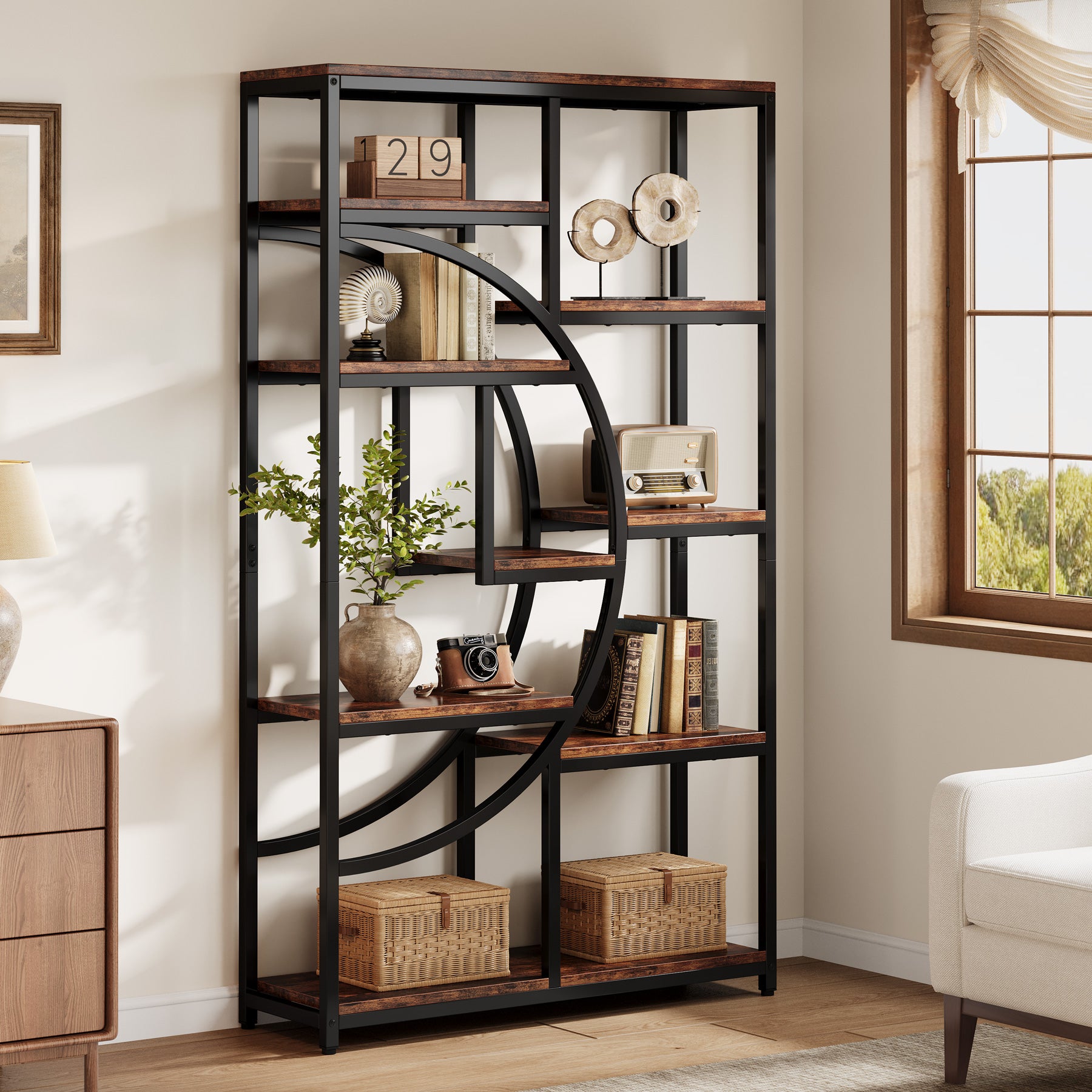 5-Tier Etagere Bookshelf, 68.9" Bookcase with 9 Open Shelves
