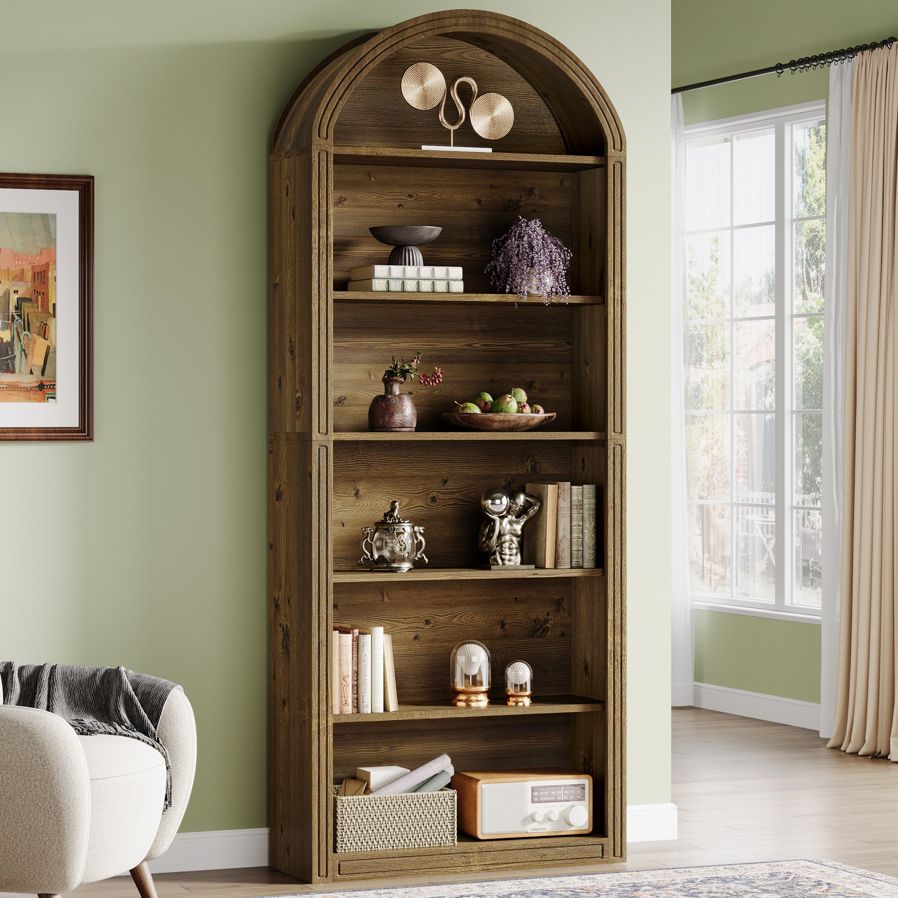 6/8-Tier Tall Bookshelf, Wooden Arched Bookcase Display Shelving Unit