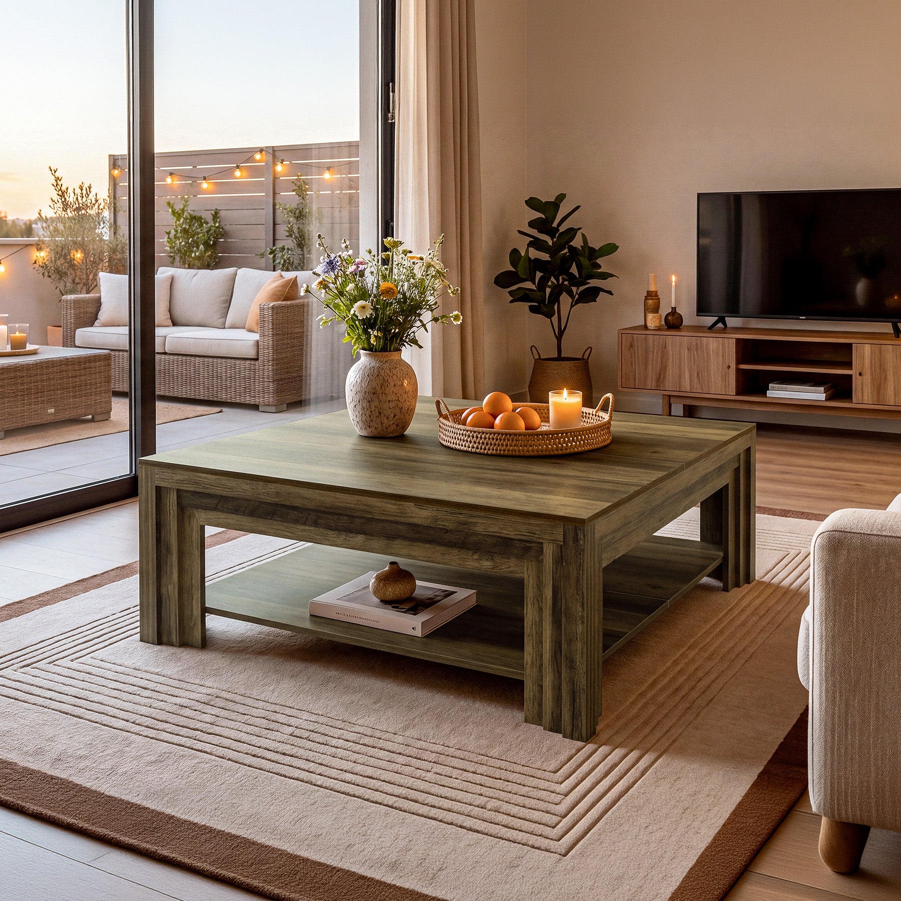 Farmhouse Square Coffee Table with Shelf