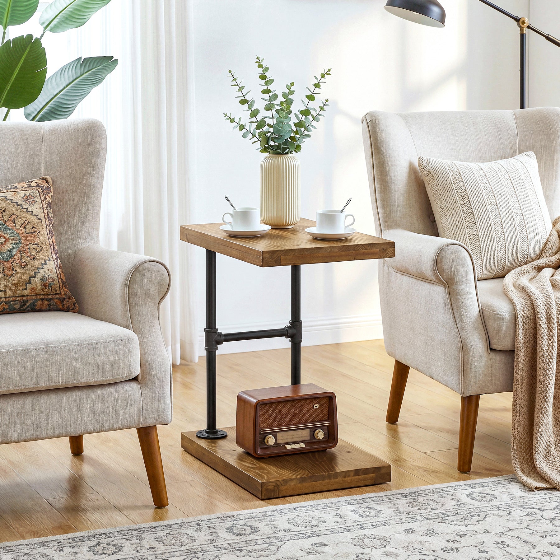 19.7" Solid Wood End Table, 2-Tier Storage Table