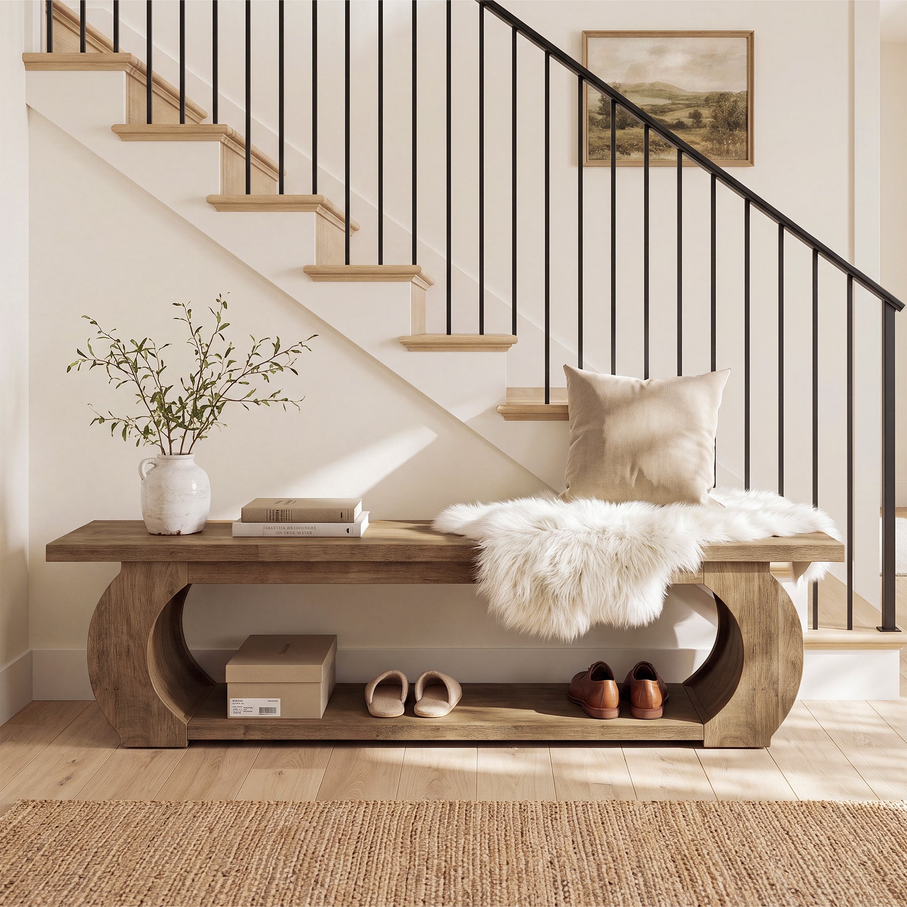 63" Farmhouse Entryway Bench with Storage Shelf, Wooden Shoe Bench