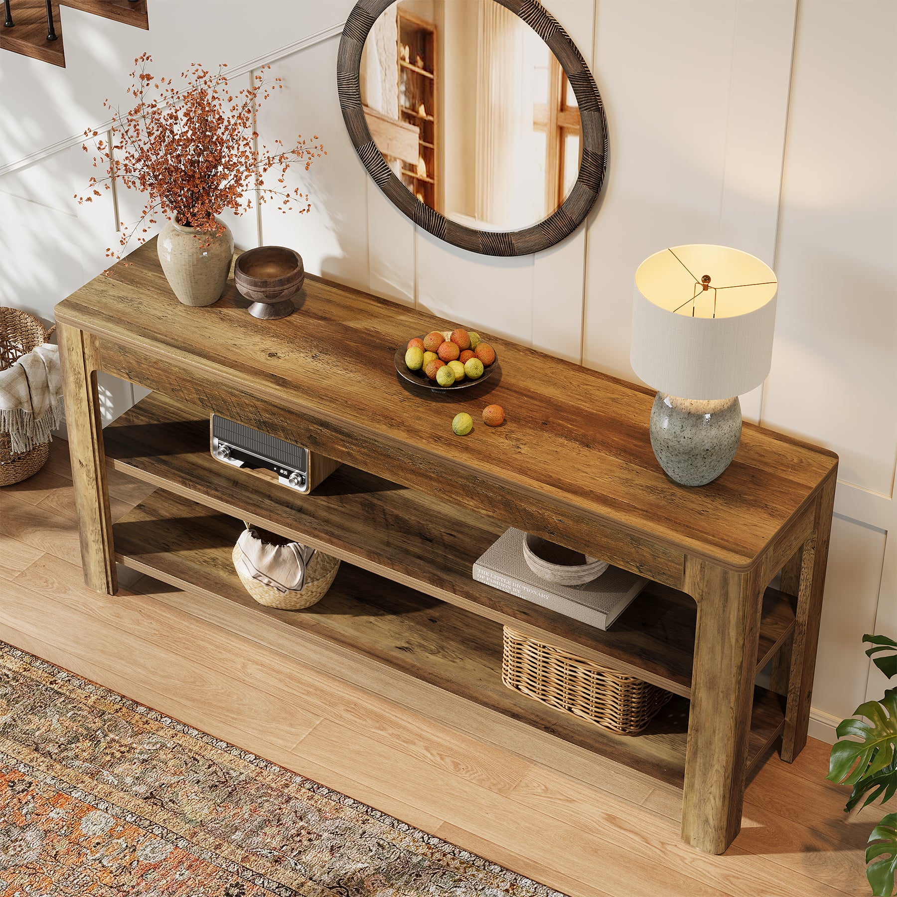 63" Farmhouse Console Table with 3-Tier Shelves, Narrow Wooden Sofa Table with Storage for Entryway, Hallway, or Living Room