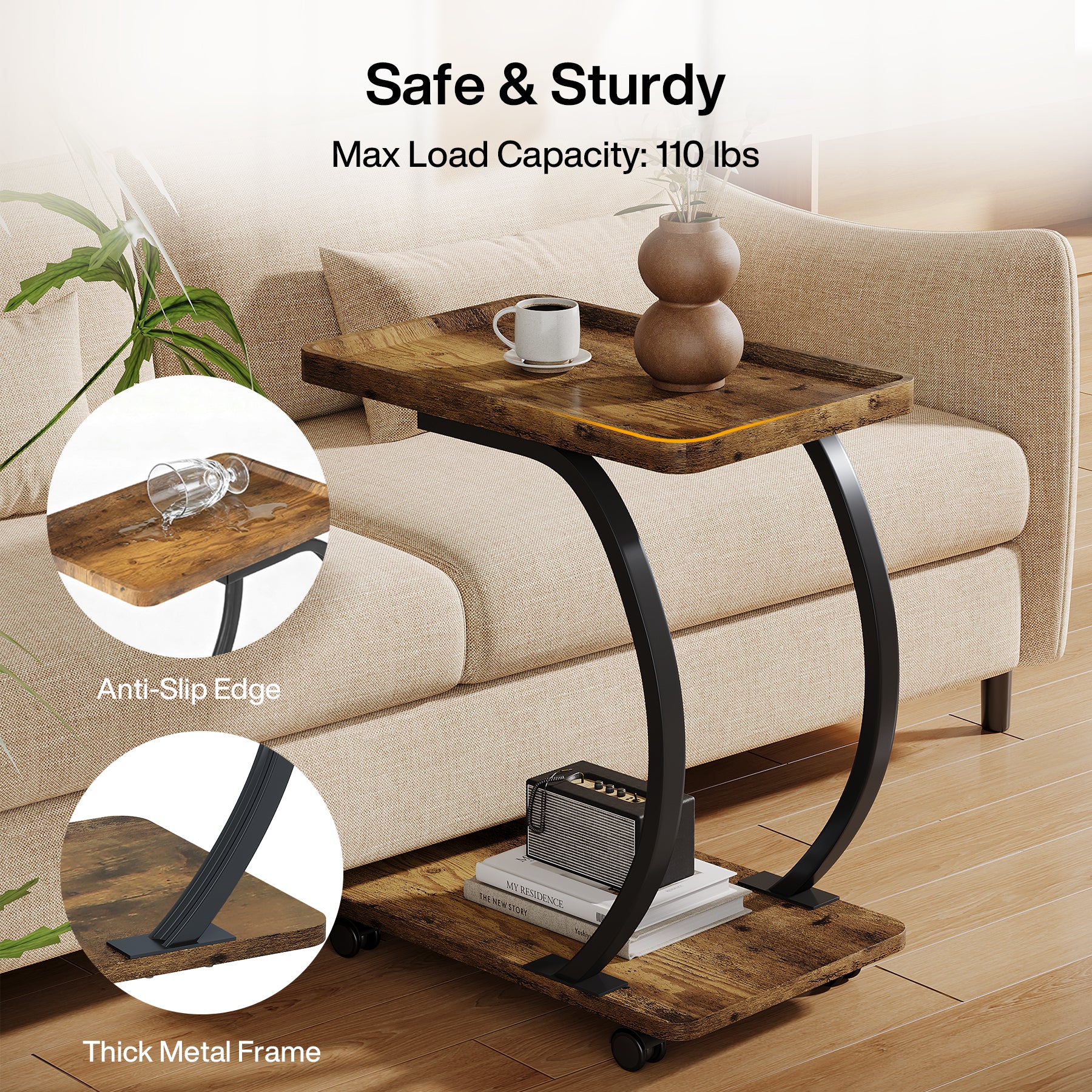 C-Shaped End Table, Industrial 2-Tier Side Table with Wheels