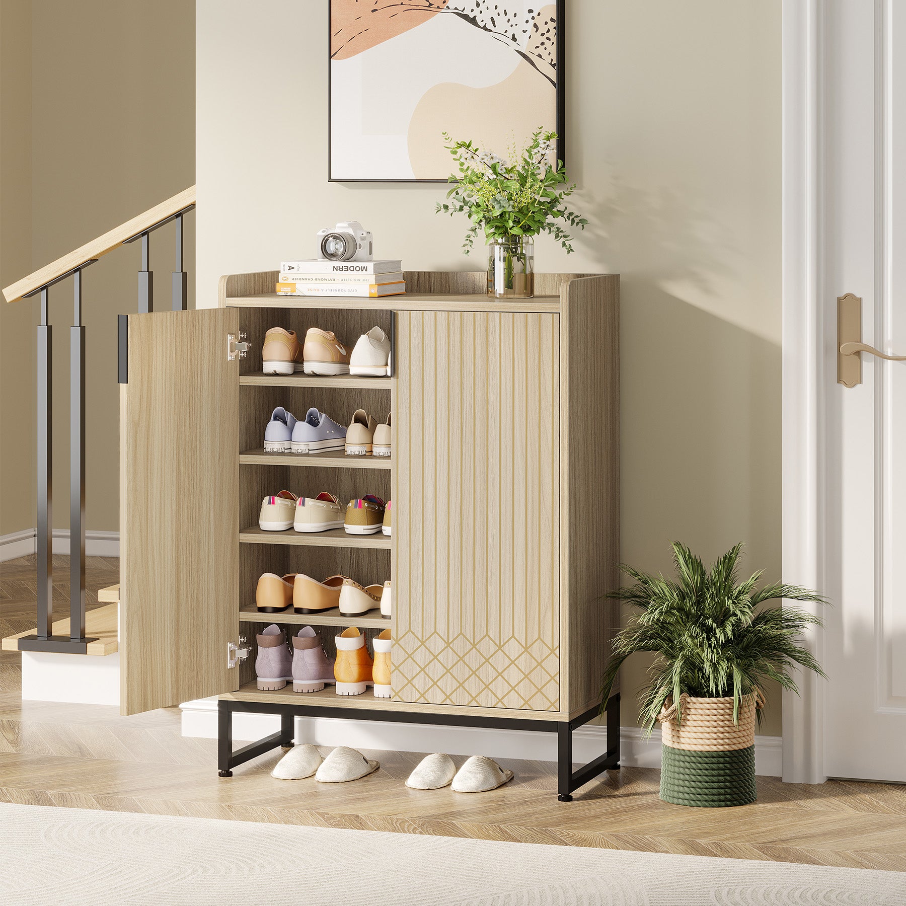 5-Tier Shoe Cabinet with Doors, Freestanding Wood Shoe Organizer for Entryway