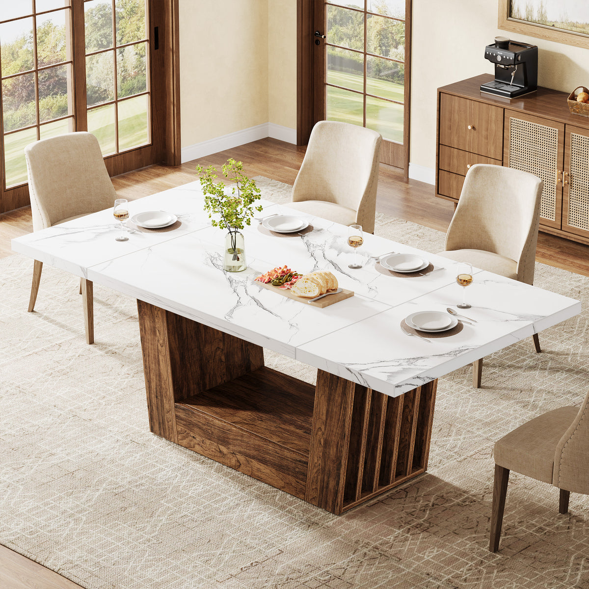 63" Dining Table for 4-6, Farmhouse Kitchen Dinner Table with Heavy-Duty Base