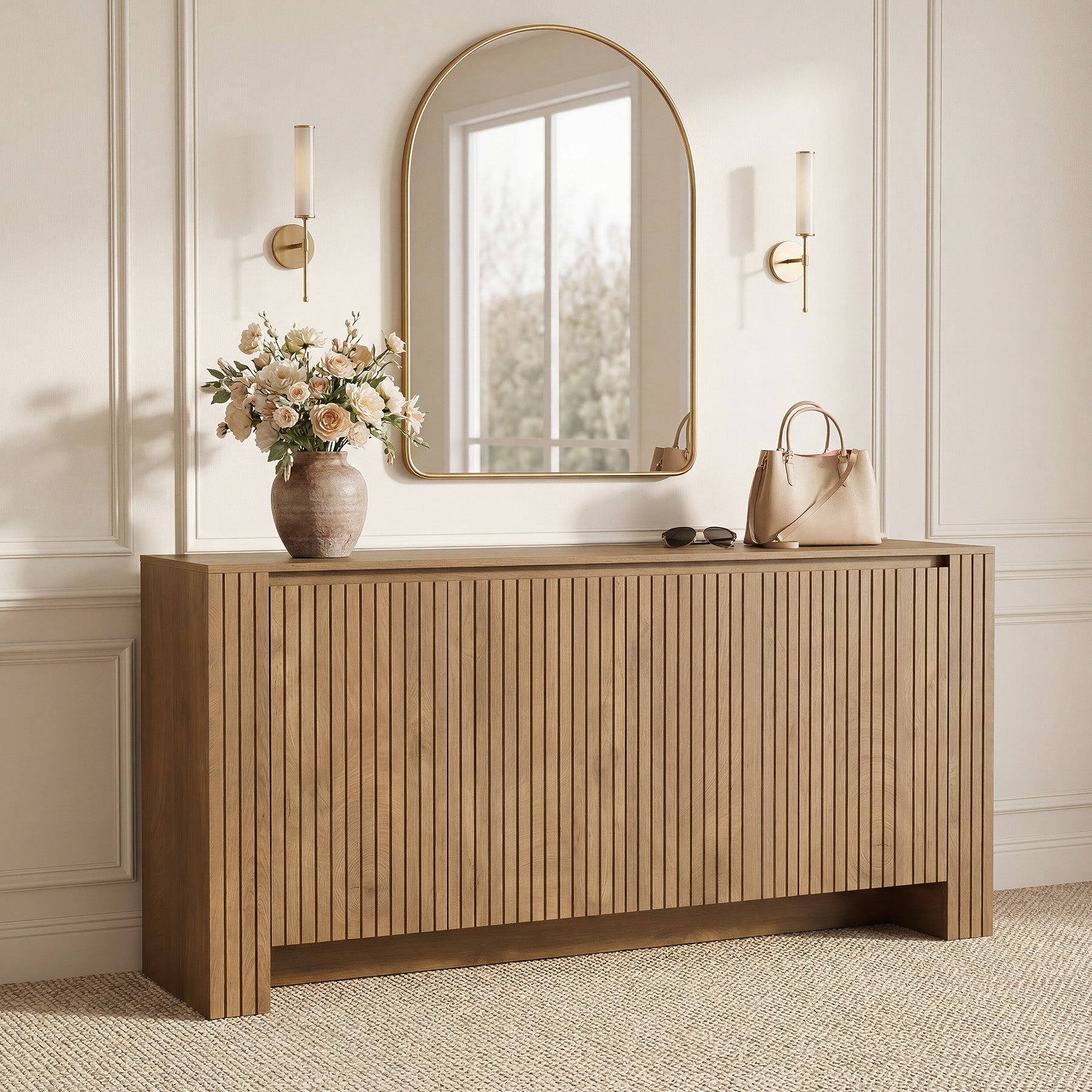 63" Fluted Sideboard Buffet Cabinet with Storage, Modern Coffee Bar Cabinet with Adjustable Shelves