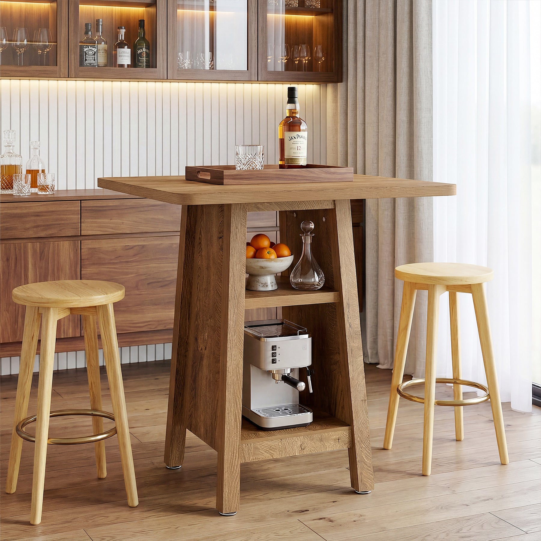 Square Bar Table with Storage, 35.4" H Pub Bar Table with 2 Open Shelves