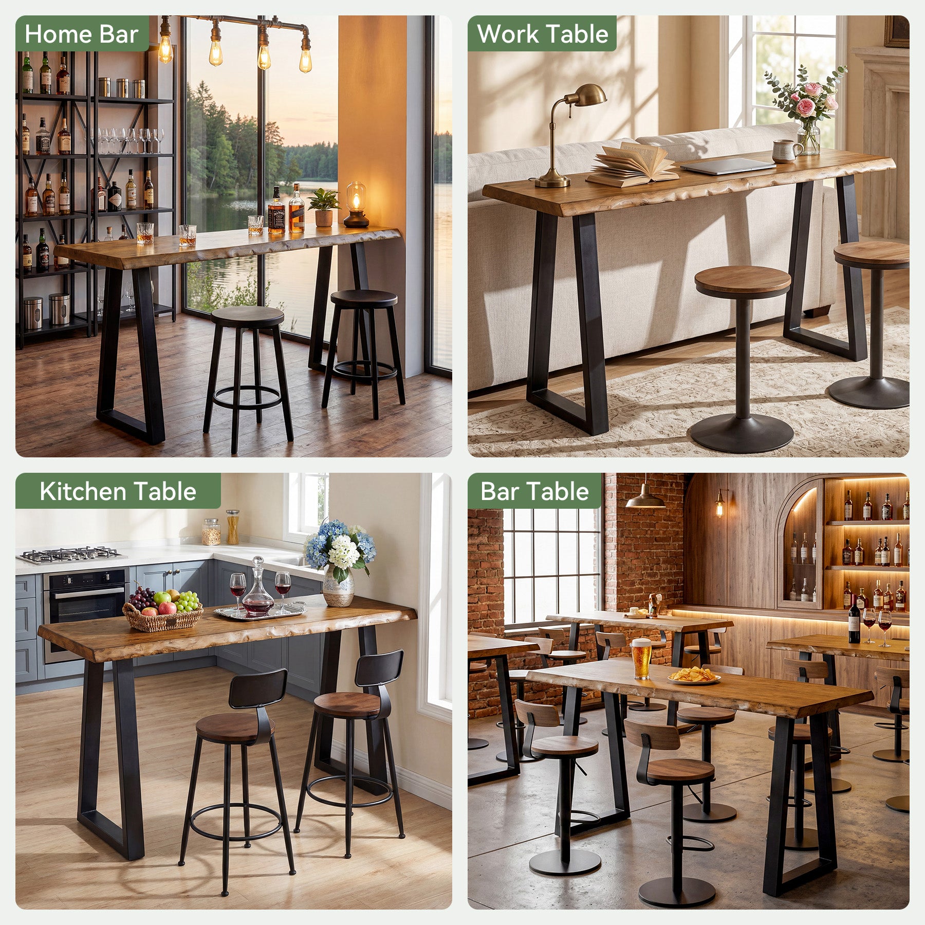 Solid Wood Bar Table, 63” Counter Height Table with Metal Legs for Kitchen