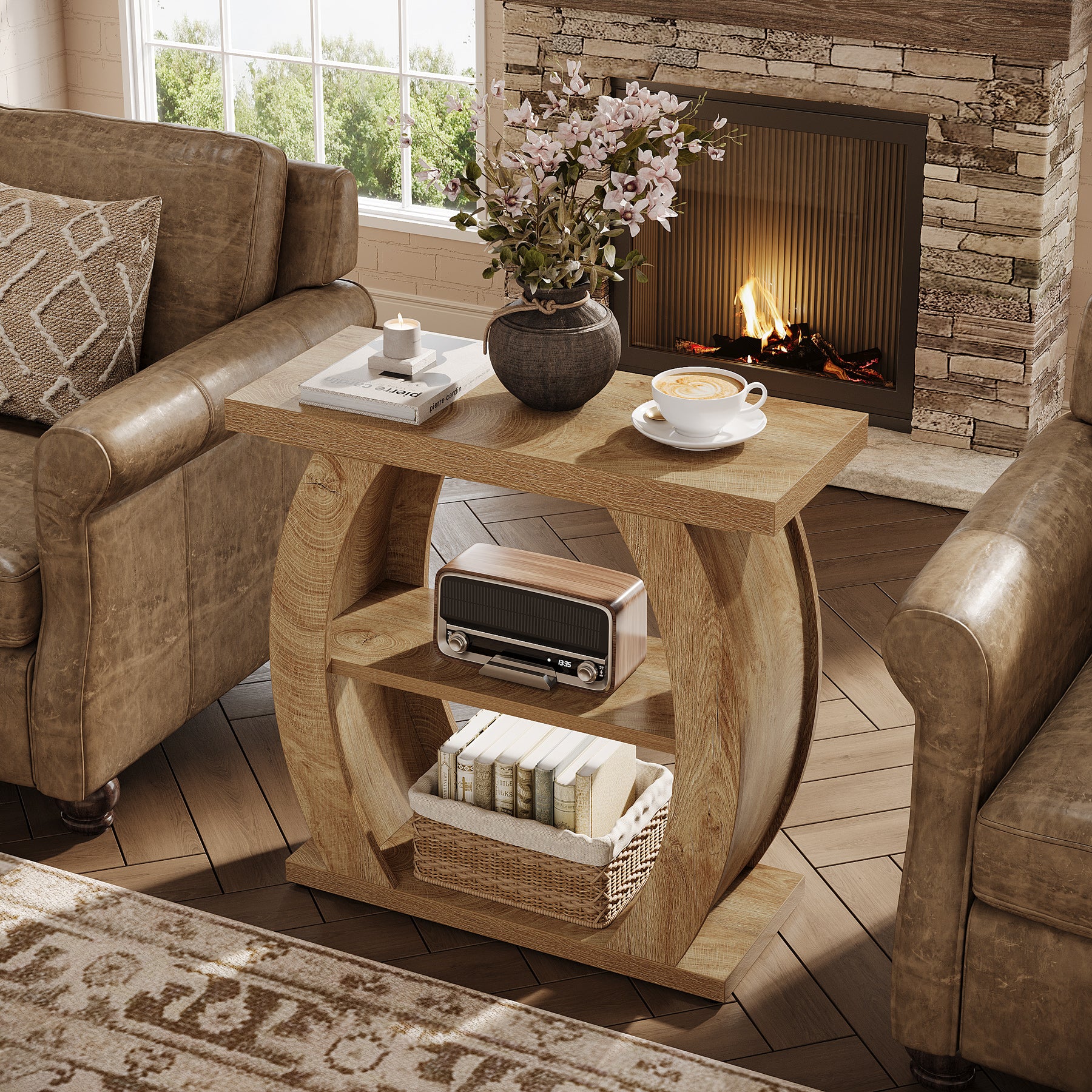 Narrow End Table, 2-Tier Farmhouse Side Table with Curved Frame