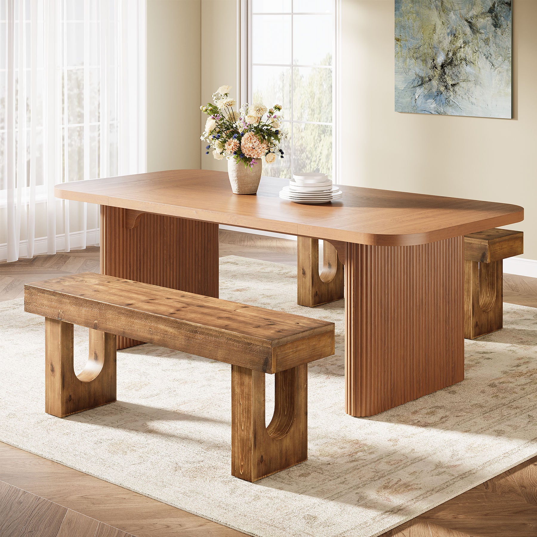 47" Wood Dining Bench, Farmhouse Kitchen Table Bench with Sturdy Legs