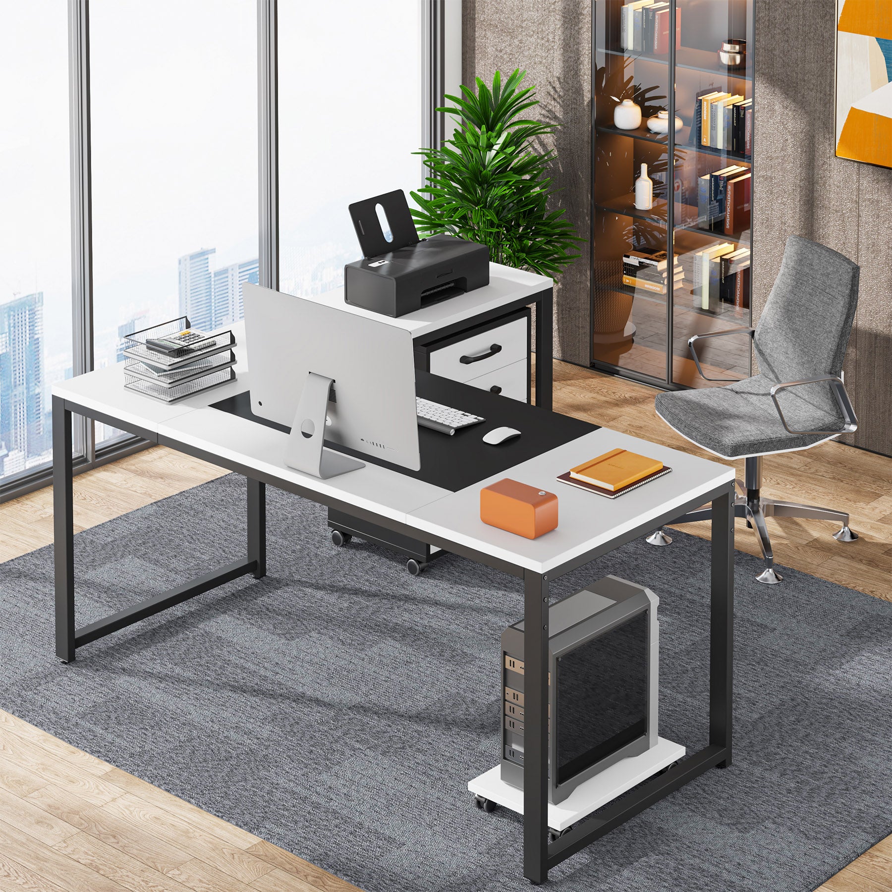 L-Shaped Computer Desk, 63" Executive Desk with Mobile File Cabinet