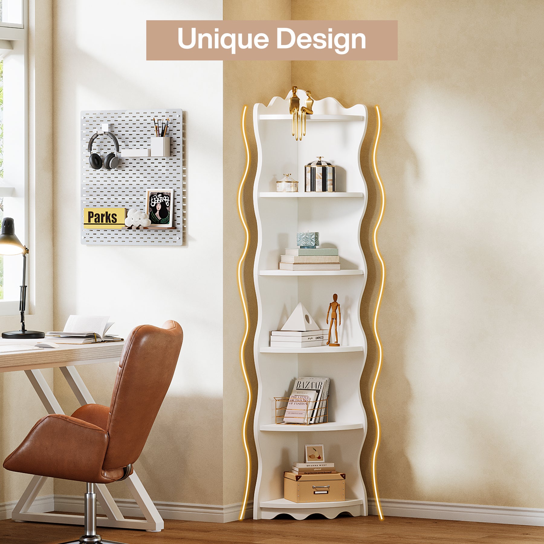 5-Tier Corner Shelf, 70.8" Corner Bookshelf Wavy Shaped Display Rack