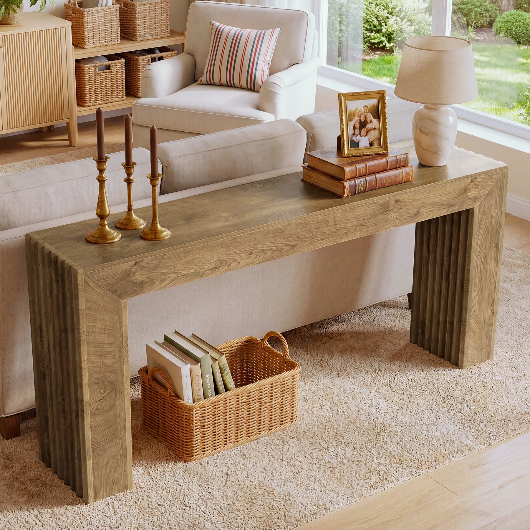 63" Fluted Console Table with Roman Column Legs, Narrow Farmhouse Entryway Sofa Table with Wood-Grain Finish