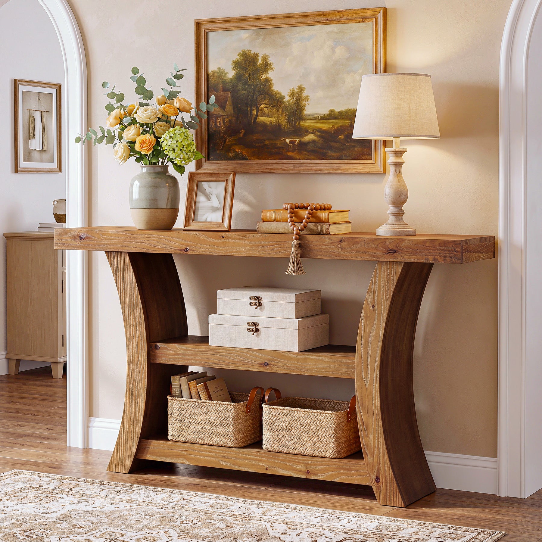 55" Solid Wood Console Table, 3-Tier Entryway Sofa Table with Open Shelves for Entrance