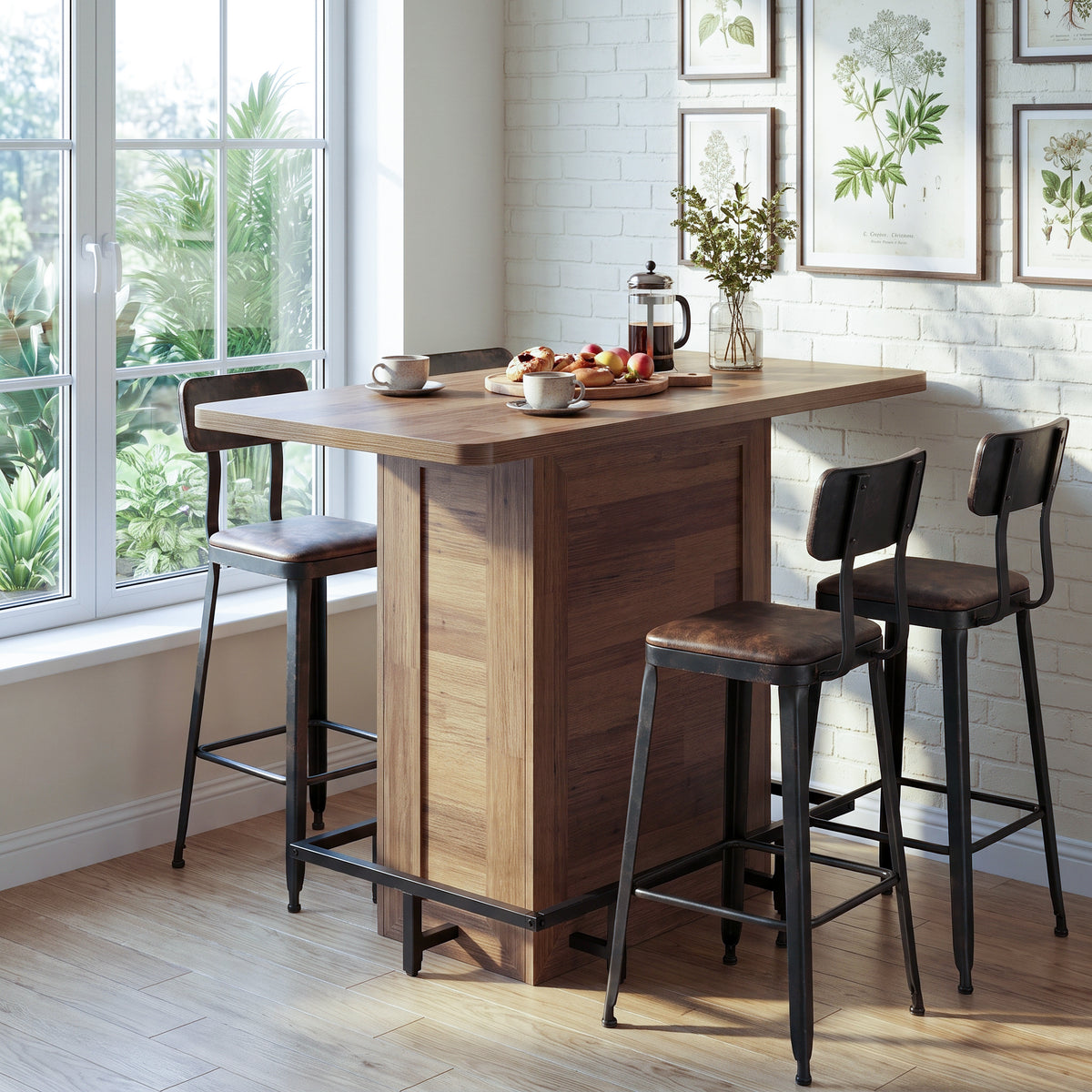 47.24" Bar Table, Farmhouse High-Top Pub Table with Metal Footrest & Adjustable Feet