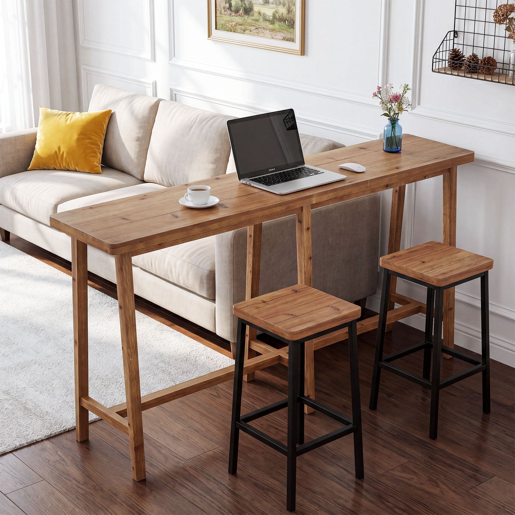 78.7" Solid Wood Bar Table, Rectangular Counter Height Pub Table for Dining, Kitchen