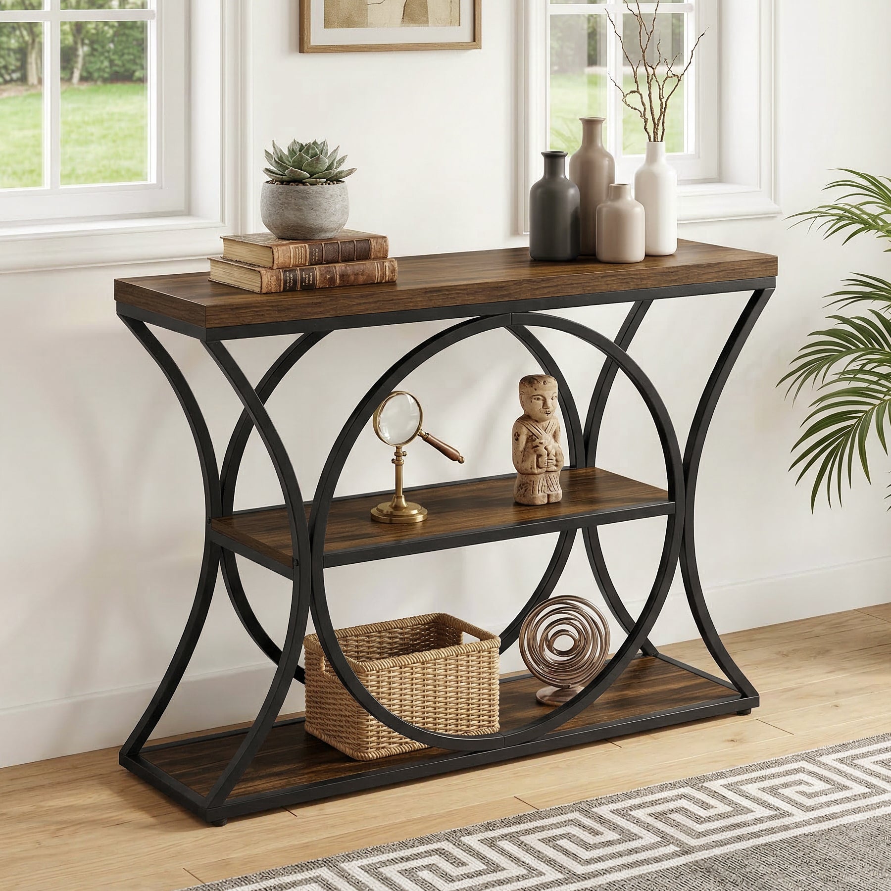 41.3" Industrial Console Table with 3-Tier Storage, Narrow Entryway Sofa Table with Arched Metal Frame