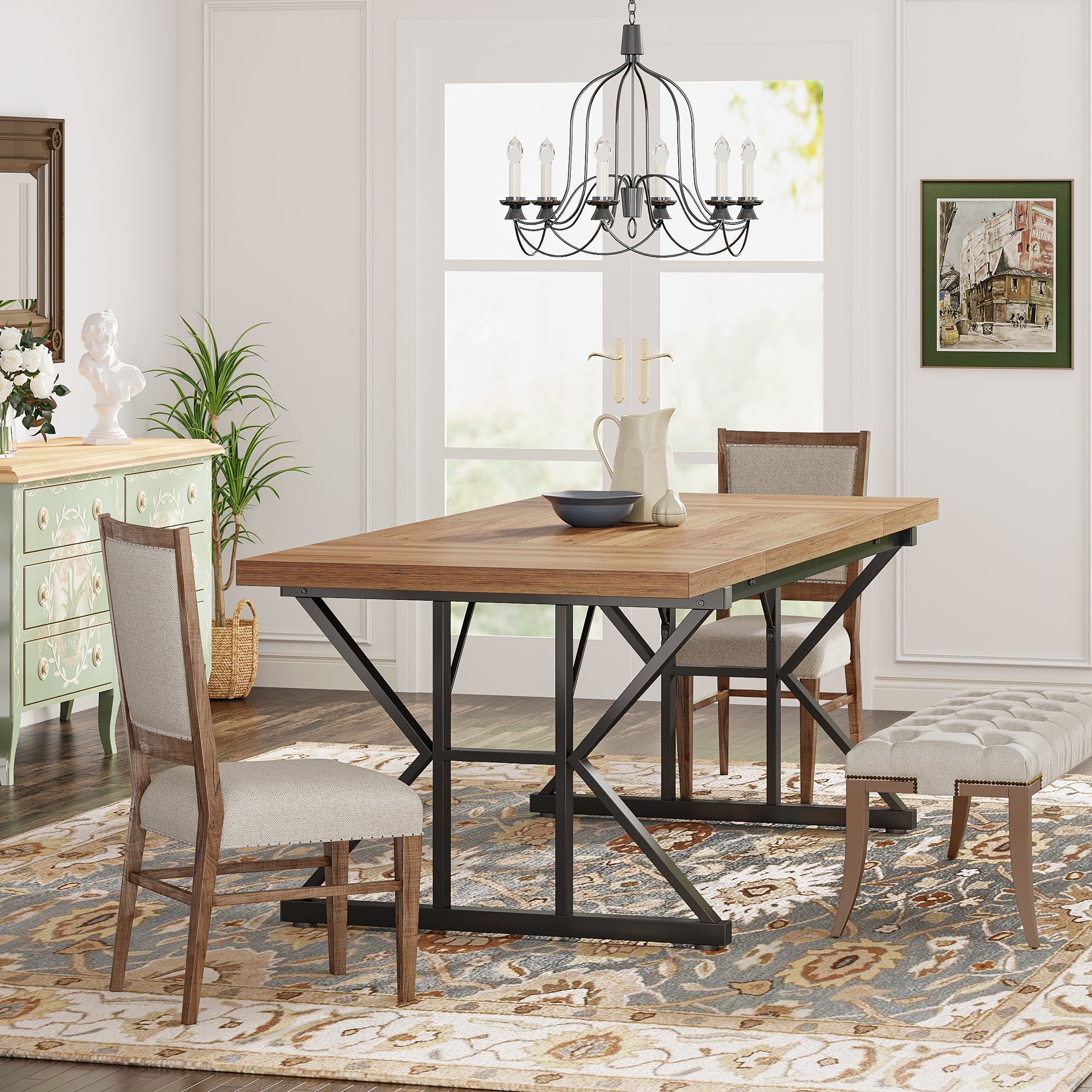 70.8" Farmhouse Dining Table for 6, Rectangular Wood Kitchen Table with Metal Legs