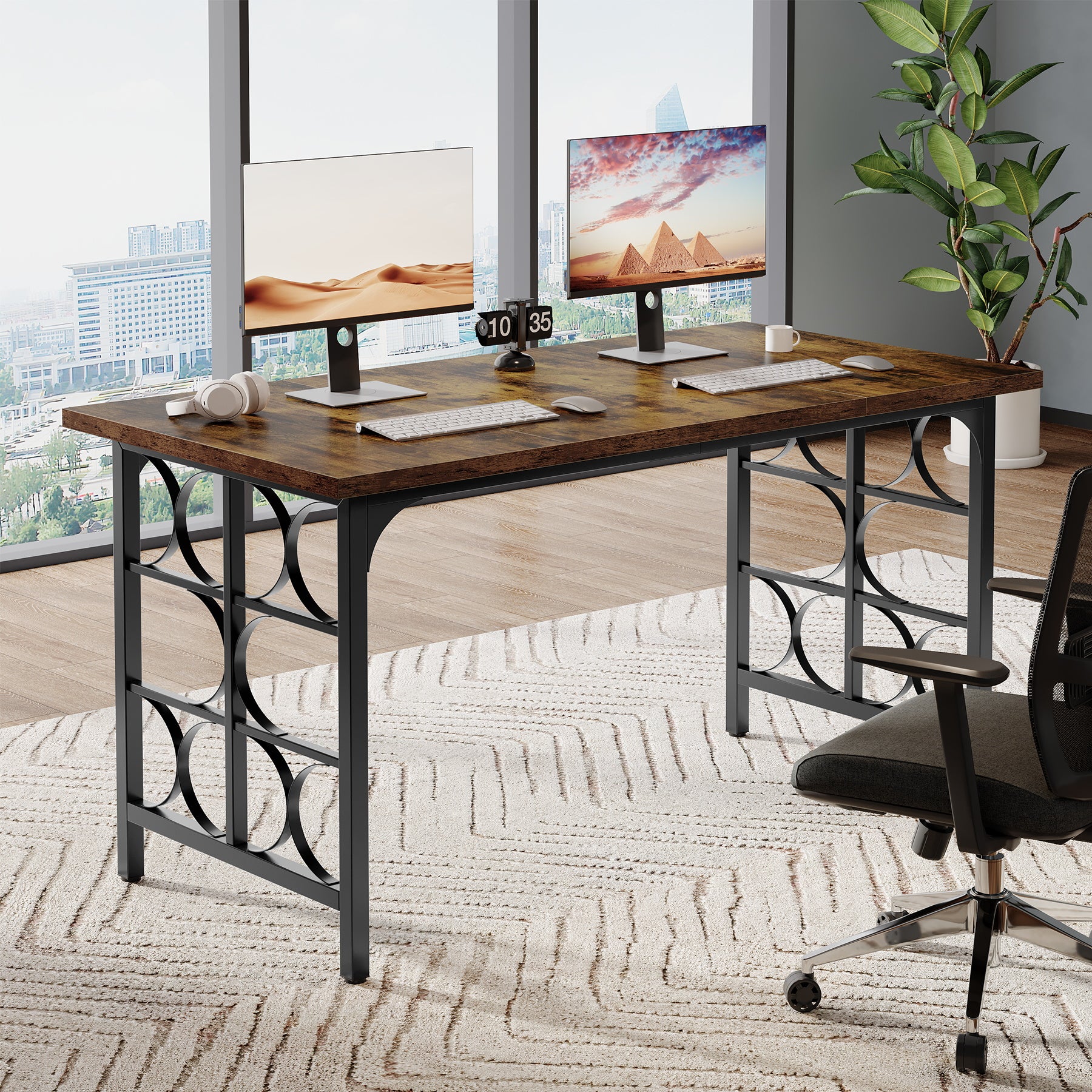 Industrial Computer Desk, 55" Rectangle Executive Desk with Metal Legs