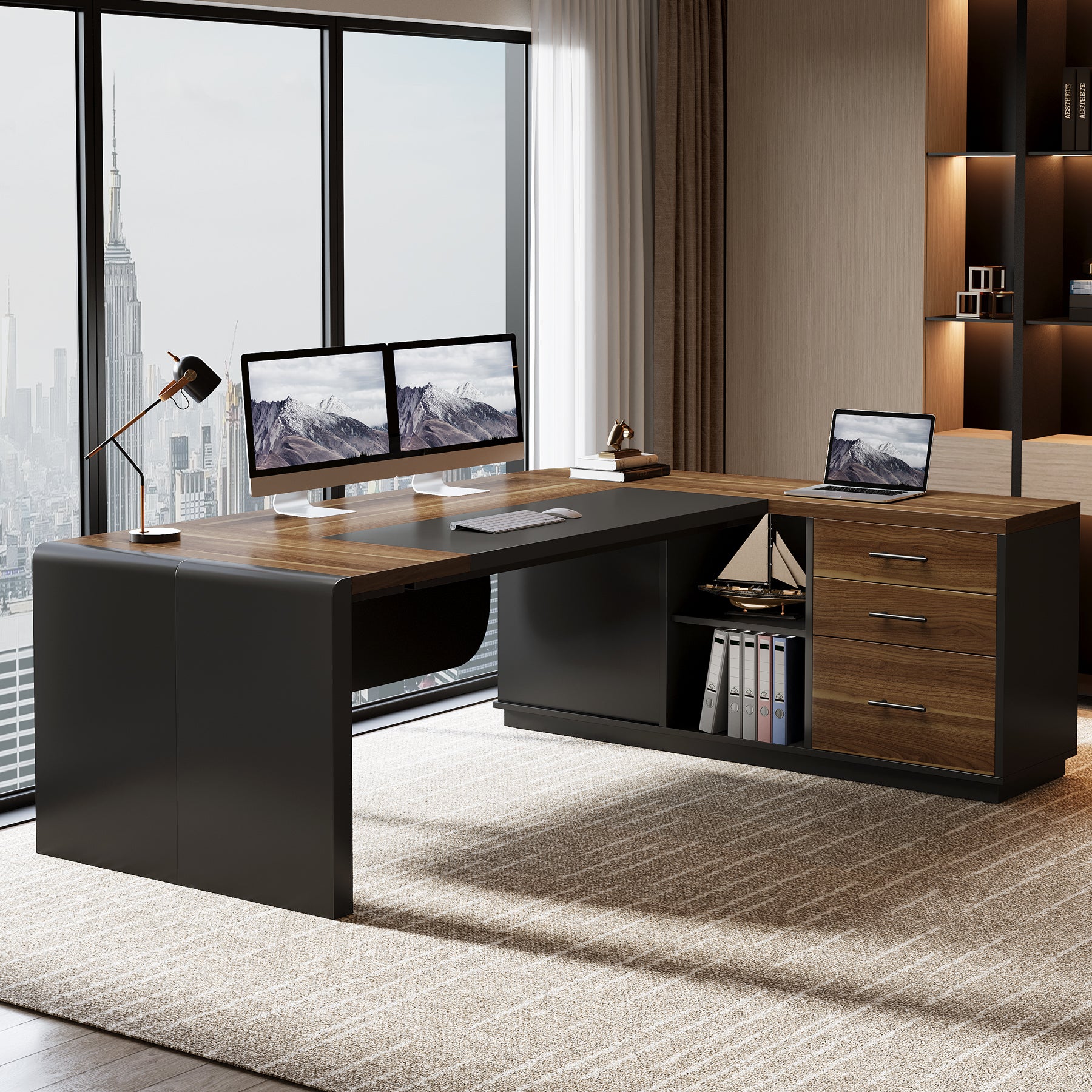 80" Executive Desk, L-Shaped Computer Desk with Storage Drawers