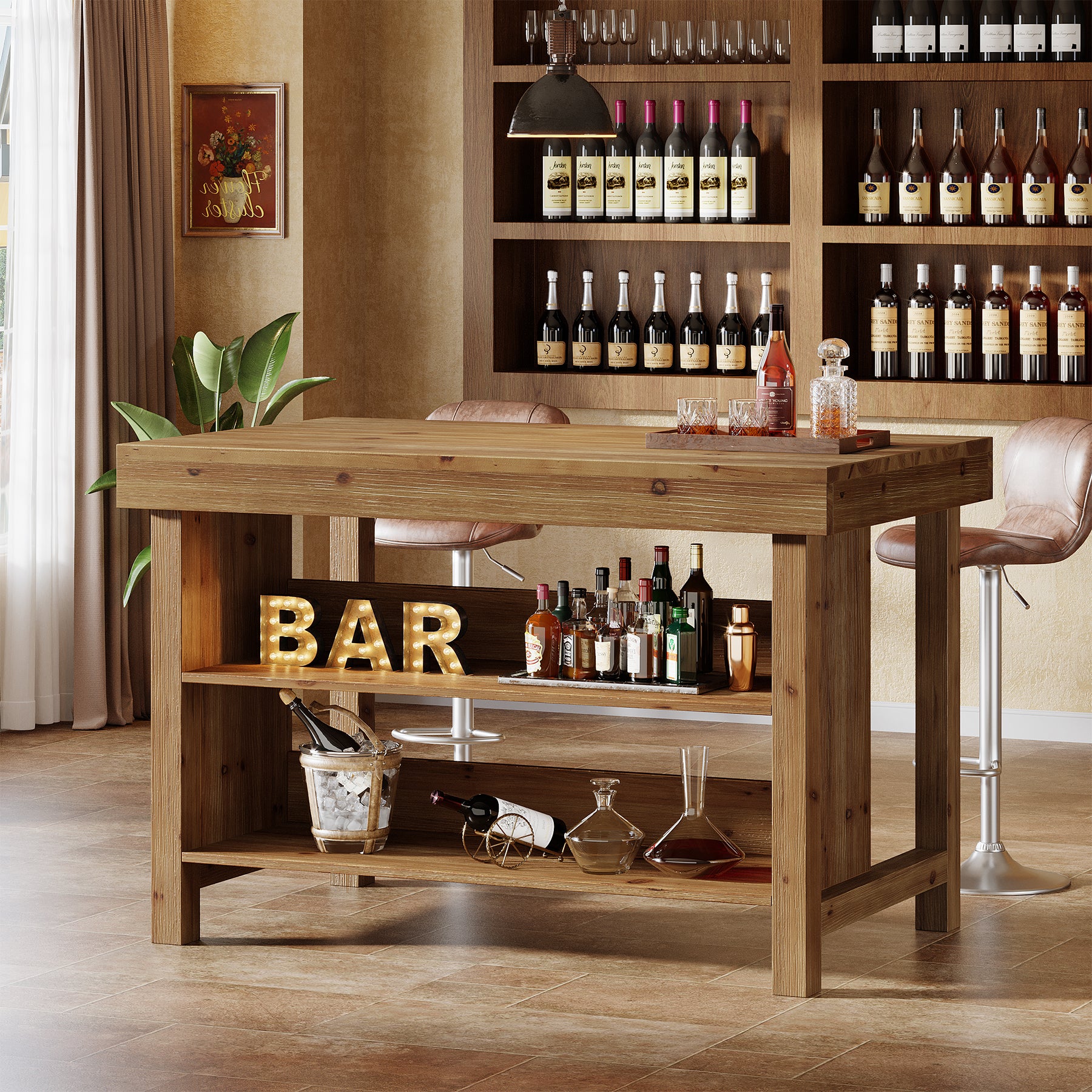 55" Farmhouse Bar Table, 3-Tier Solid Wood Bar Unit with Open Storage Shelves