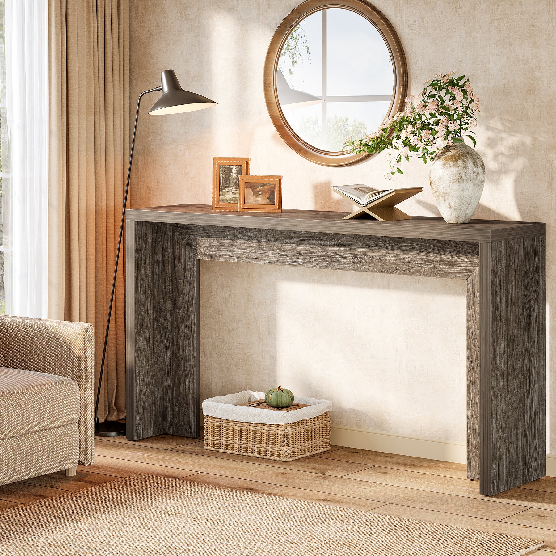 55" Farmhouse Console Table with Storage, Narrow Wooden Entryway Sofa Table for Hallway, Foyer, or Living Room