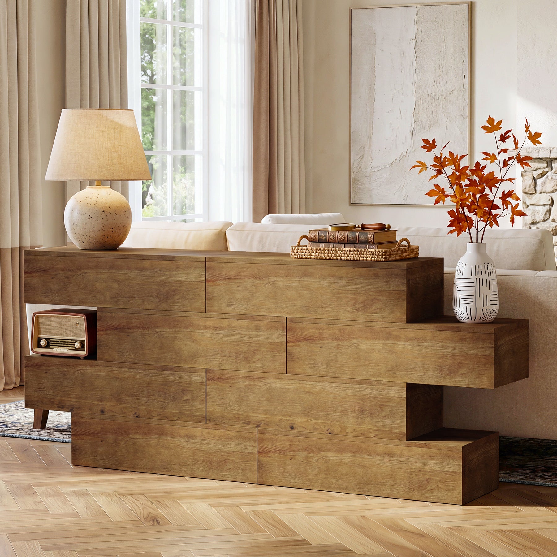 43.3" Asymmetrical Solid Wood Console Table, Rustic Sofa Table Industrial Accent Display Table for Living Room
