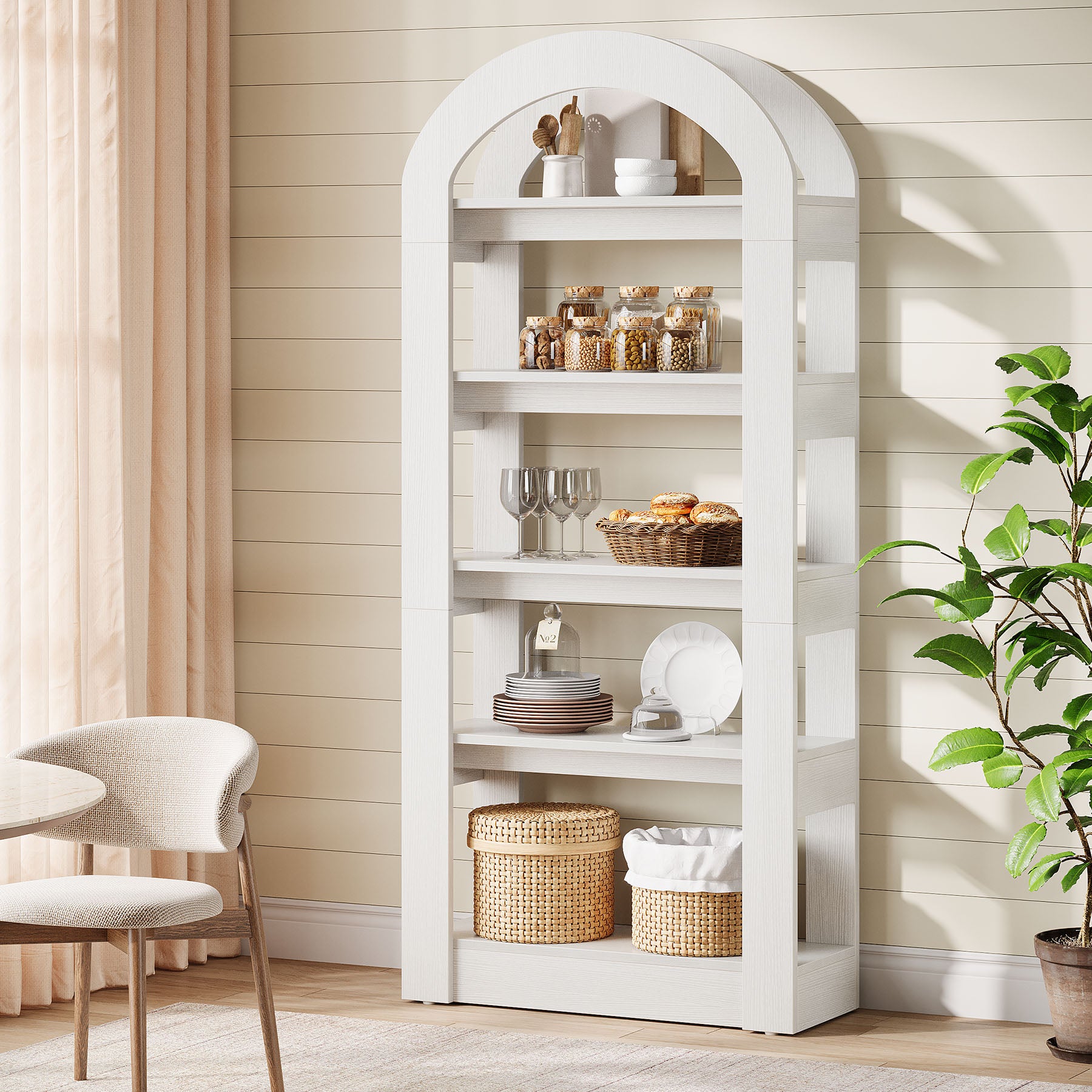 5-Tier Bookshelf, Wooden Bookcase Display Shelf with Arch-Shape