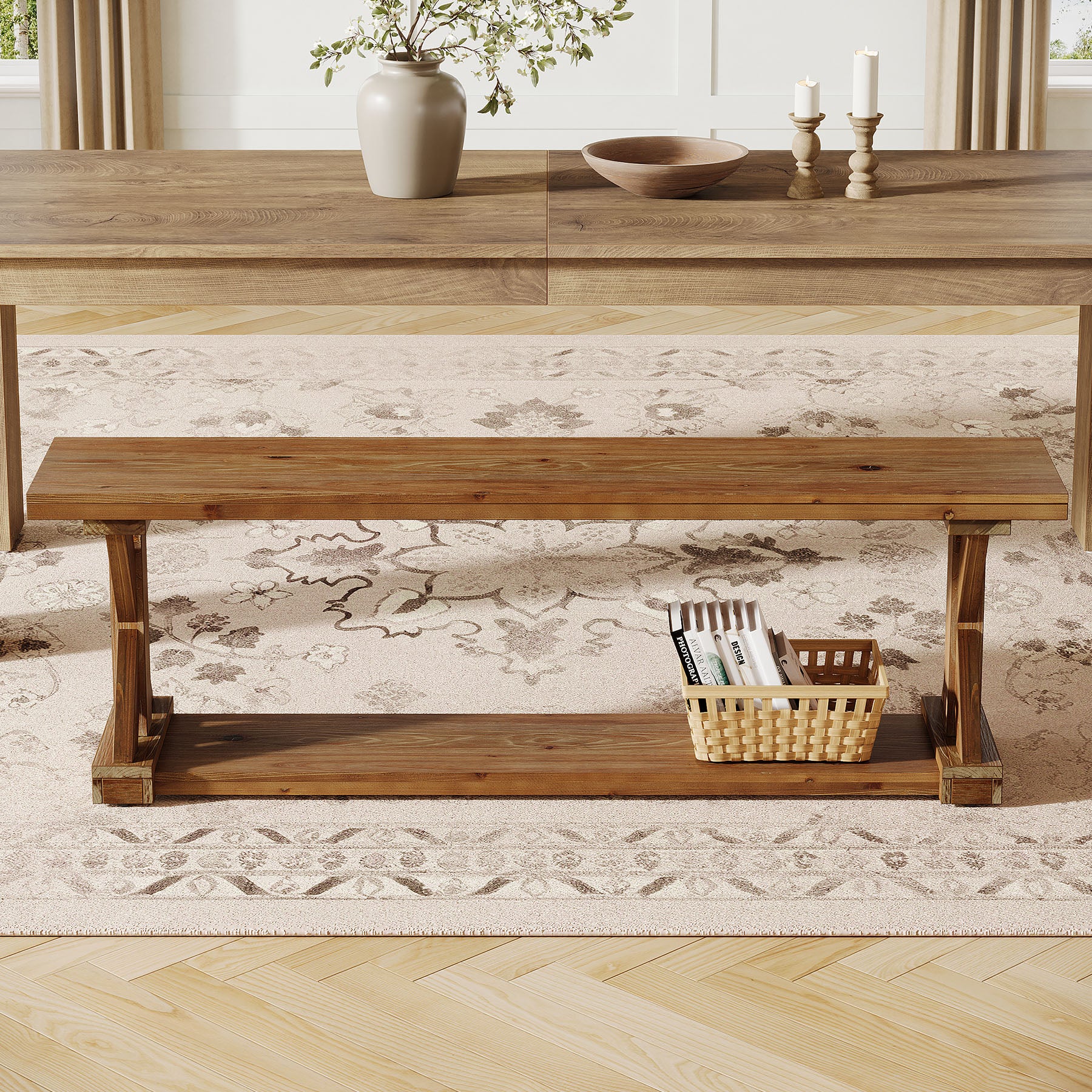 59" Solid Wood Dining Bench, 2-Tier Wooden Storage Bench for Dining Room