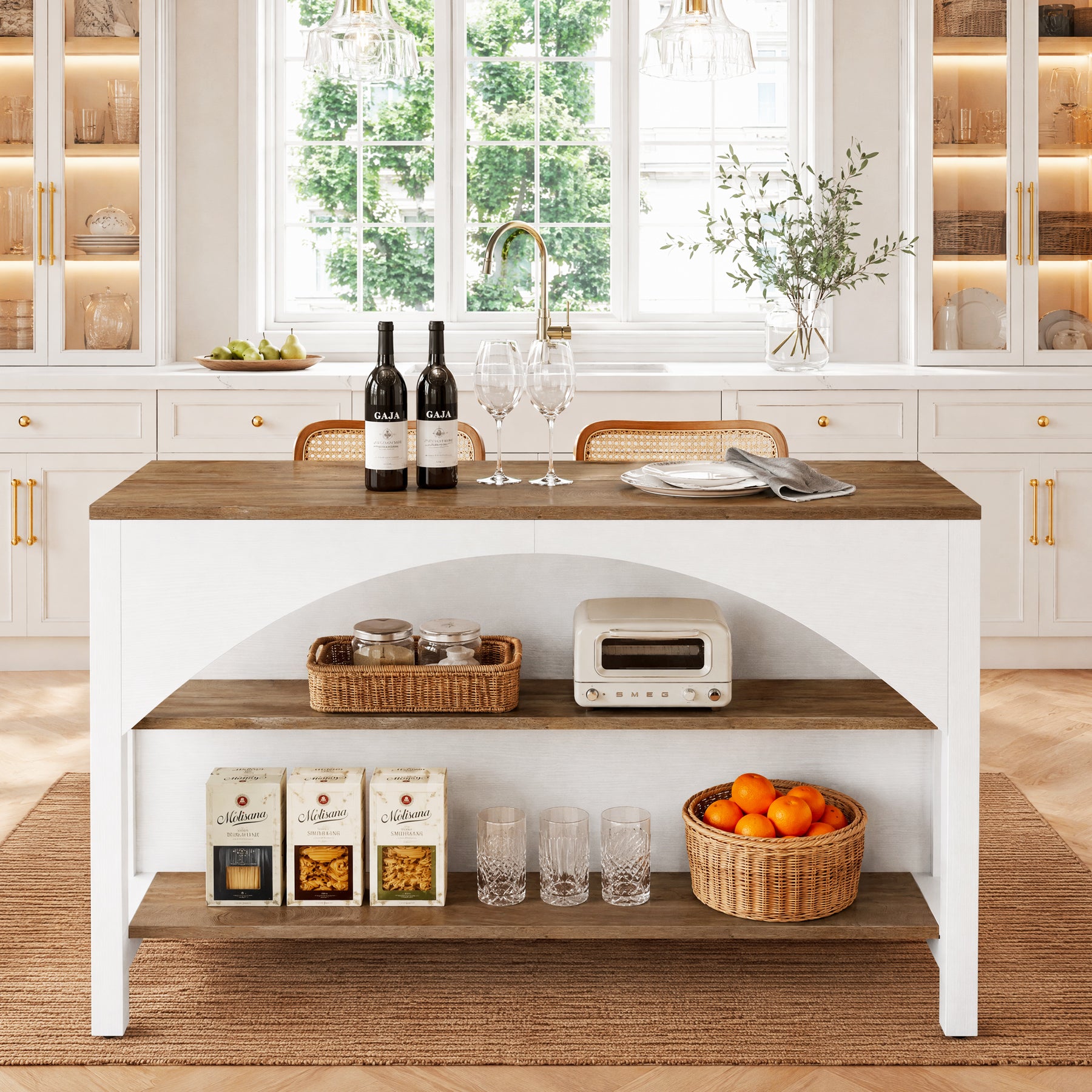 55" Kitchen Island with 2-Tier Shelves, Modern Stationary Island for Kitchen