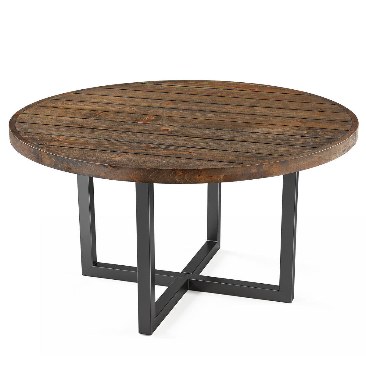 47" Round Dining Table, Solid Wood Kitchen Table with Metal Cross Base for 4-6