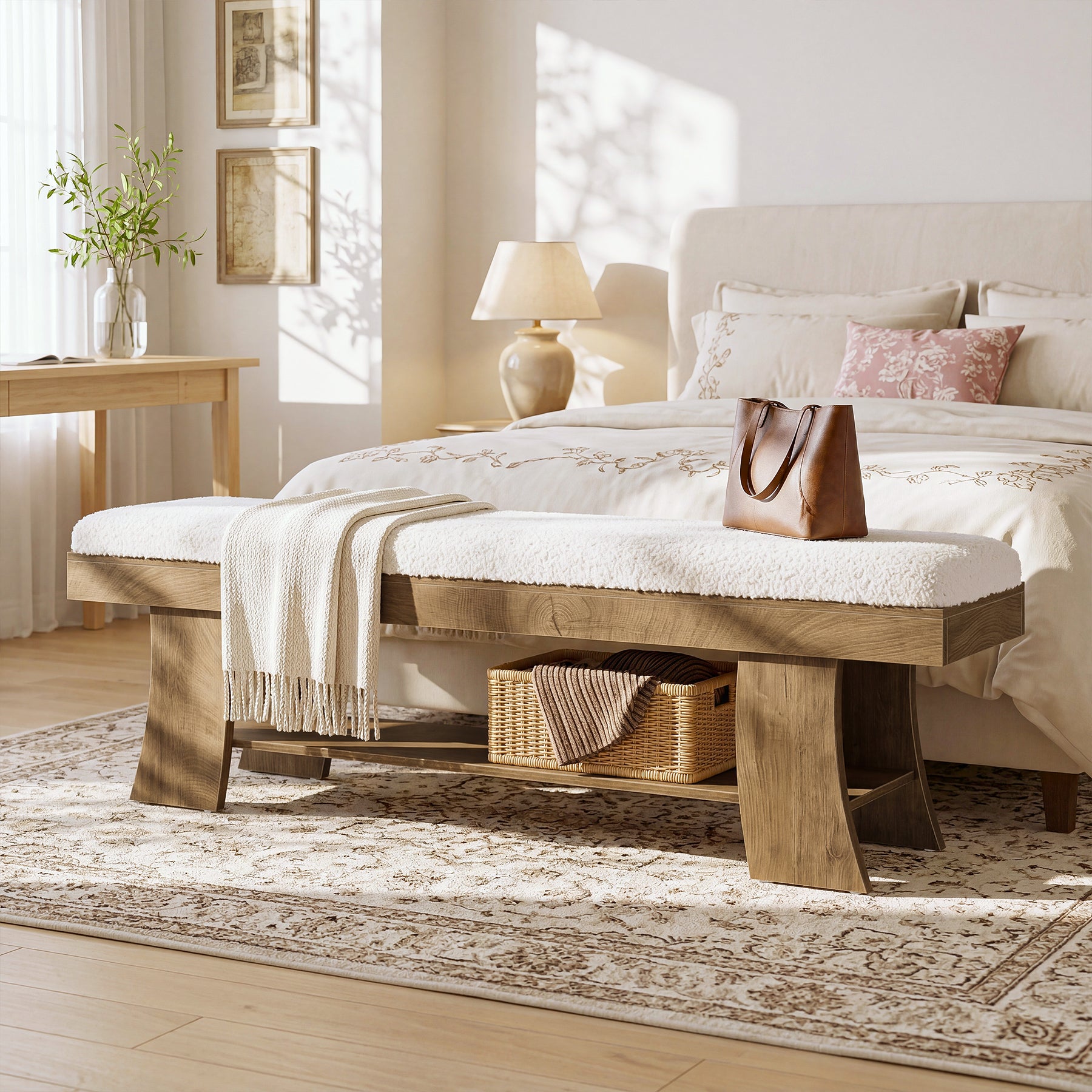 59" Upholstered Entryway Bench, Cushioned Shoe Bench Seat with Storage Shelf