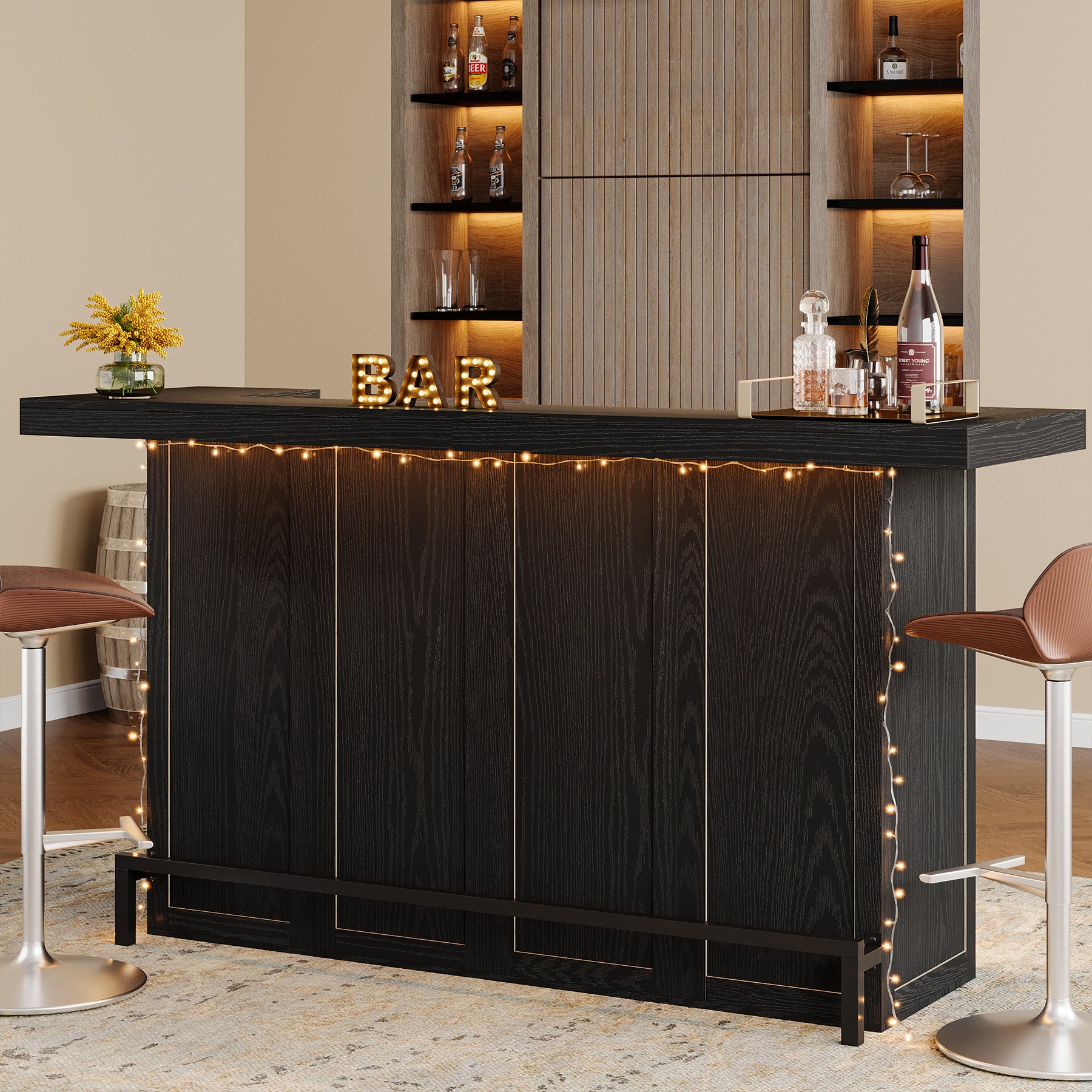 70.9" Bar Table, Modern Liquor Cabinet with 4-Tier Storage Shelves