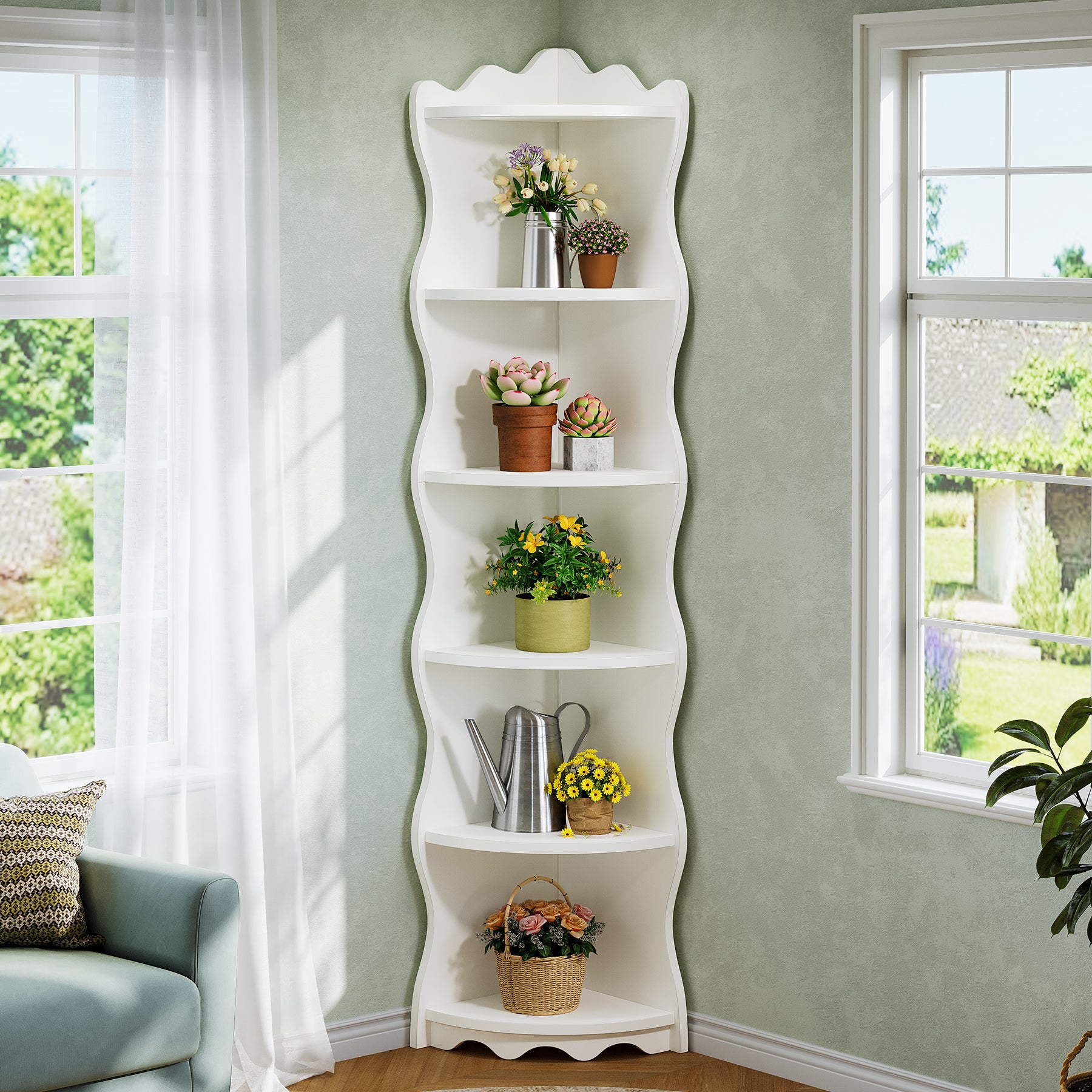 5-Tier Corner Shelf, 70.8" Corner Bookshelf Wavy Shaped Display Rack