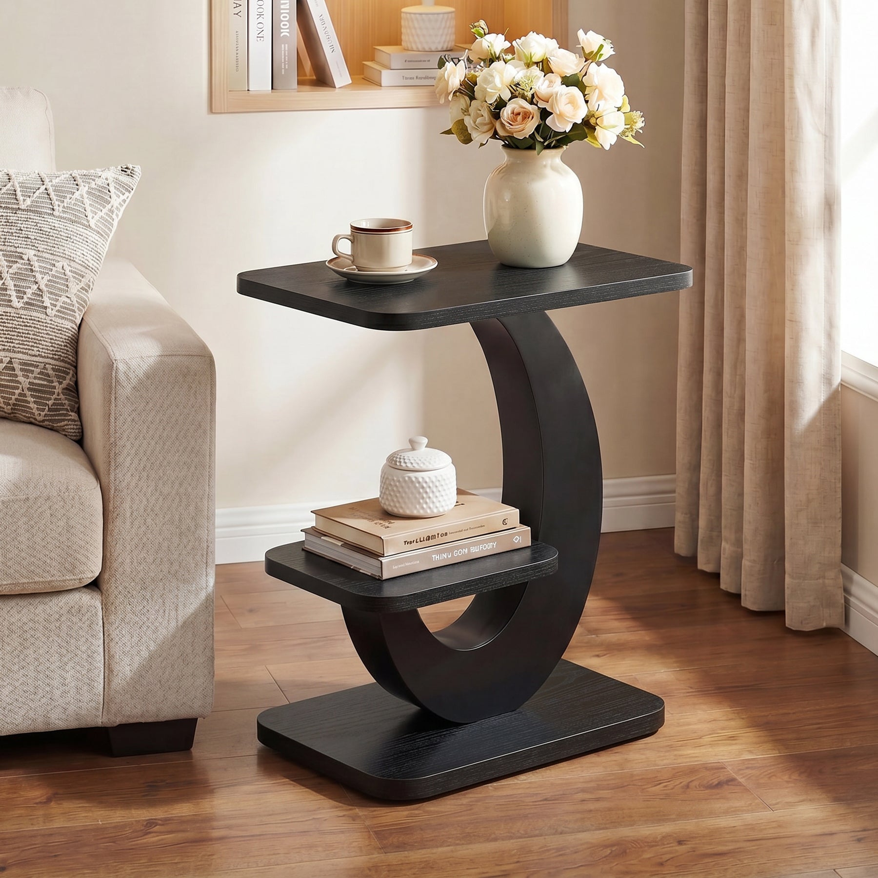 2-Tier End Table, Narrow Side Table with Metal Arc-Shaped Frame