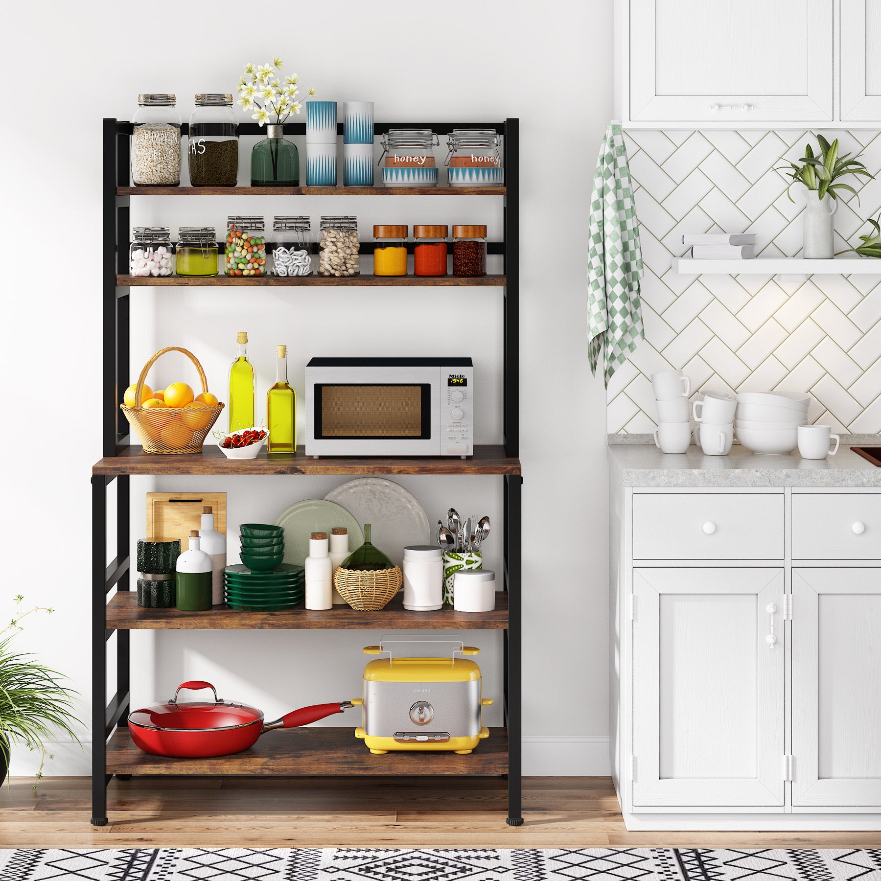 Freestanding Kitchen Baker's Rack, 5-Tier Microwave Oven Stand with Hutch
