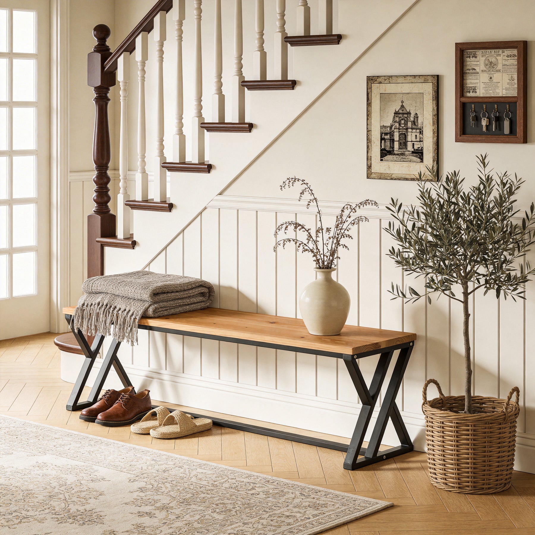 55" Long Entryway Bench, Solid Wood End of Bed Bench with Metal Legs