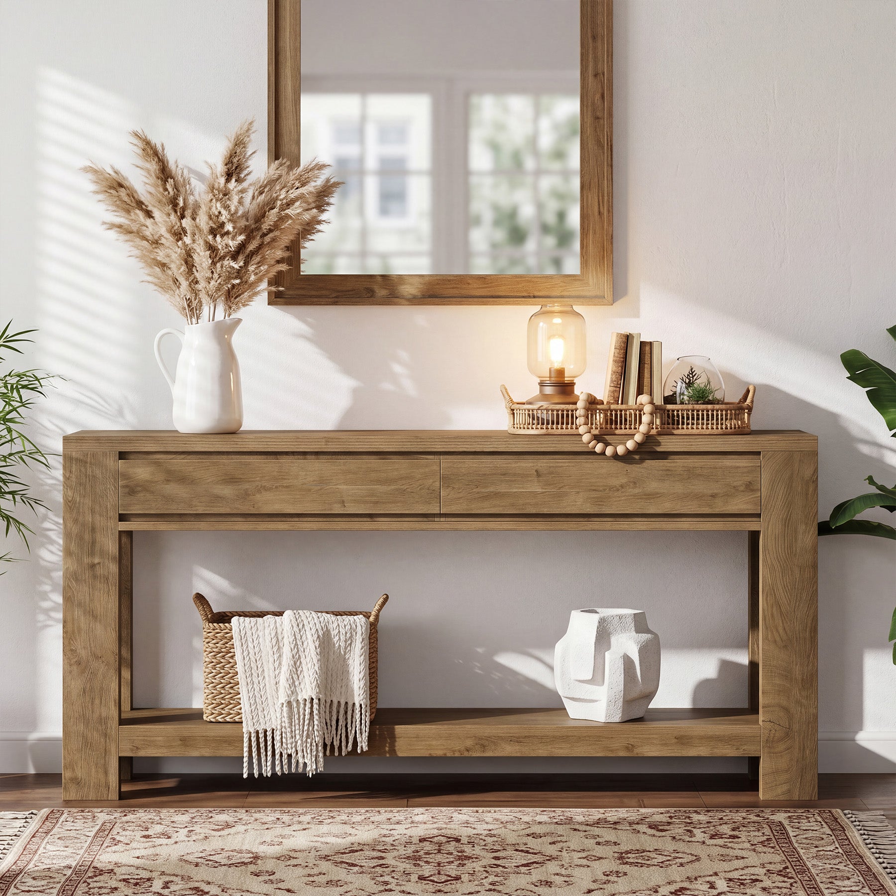 63" Console Table with 2 Storage Drawers, Farmhouse Entryway Table with Open Shelf
