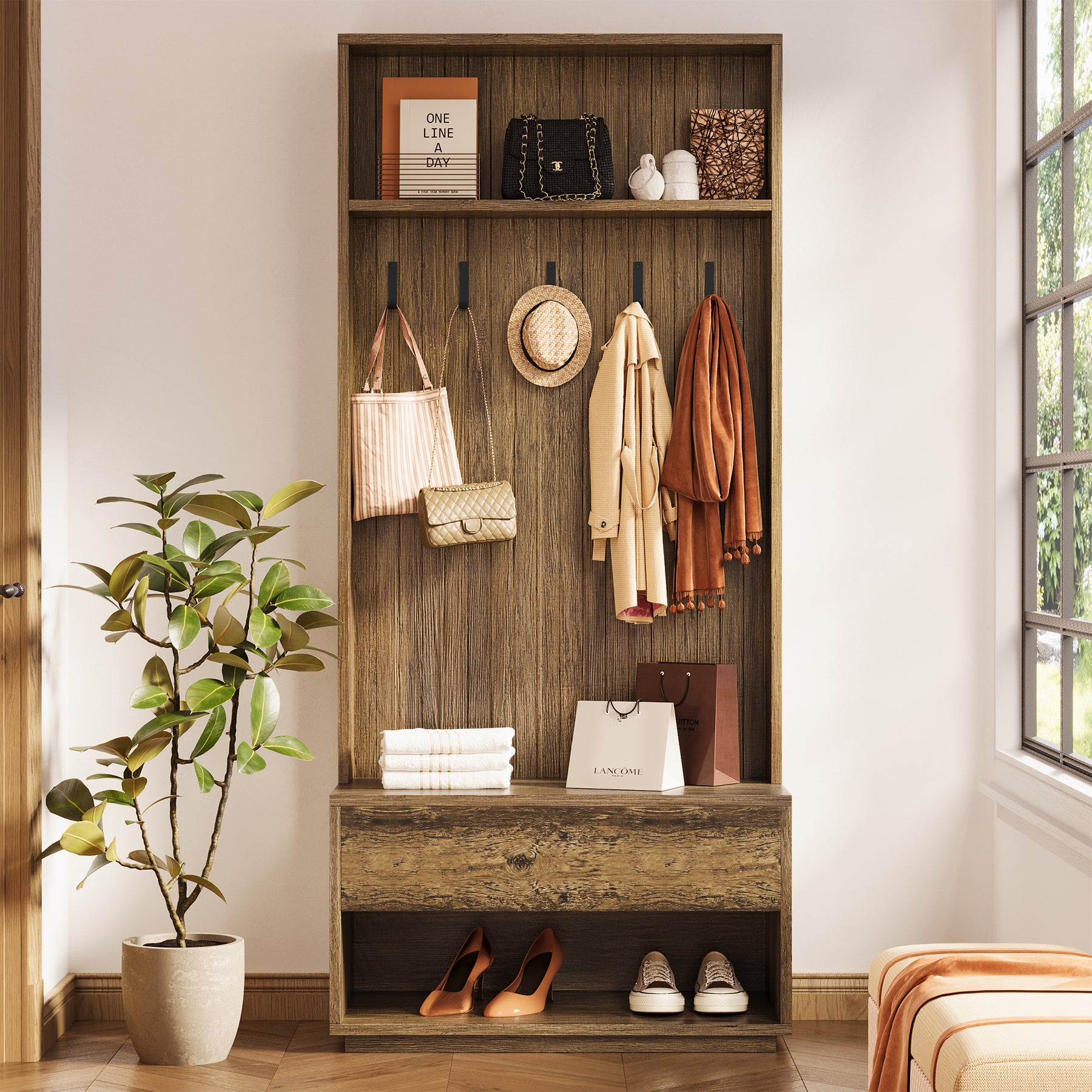70.87-Inch Hall Tree with Bench and Shoe Storage, 5-in-1 Organizer with Drawer and 5 Hooks