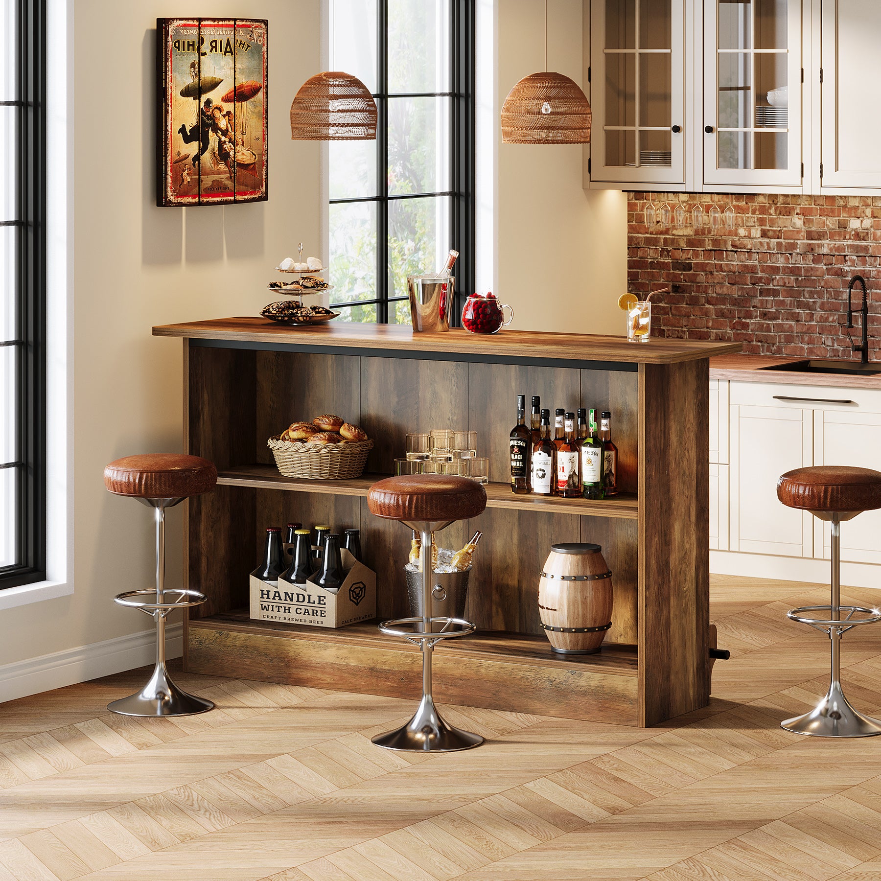 63" Home Bar Unit, 2-Tier Bar Table Coffee Cabinet with Footrest