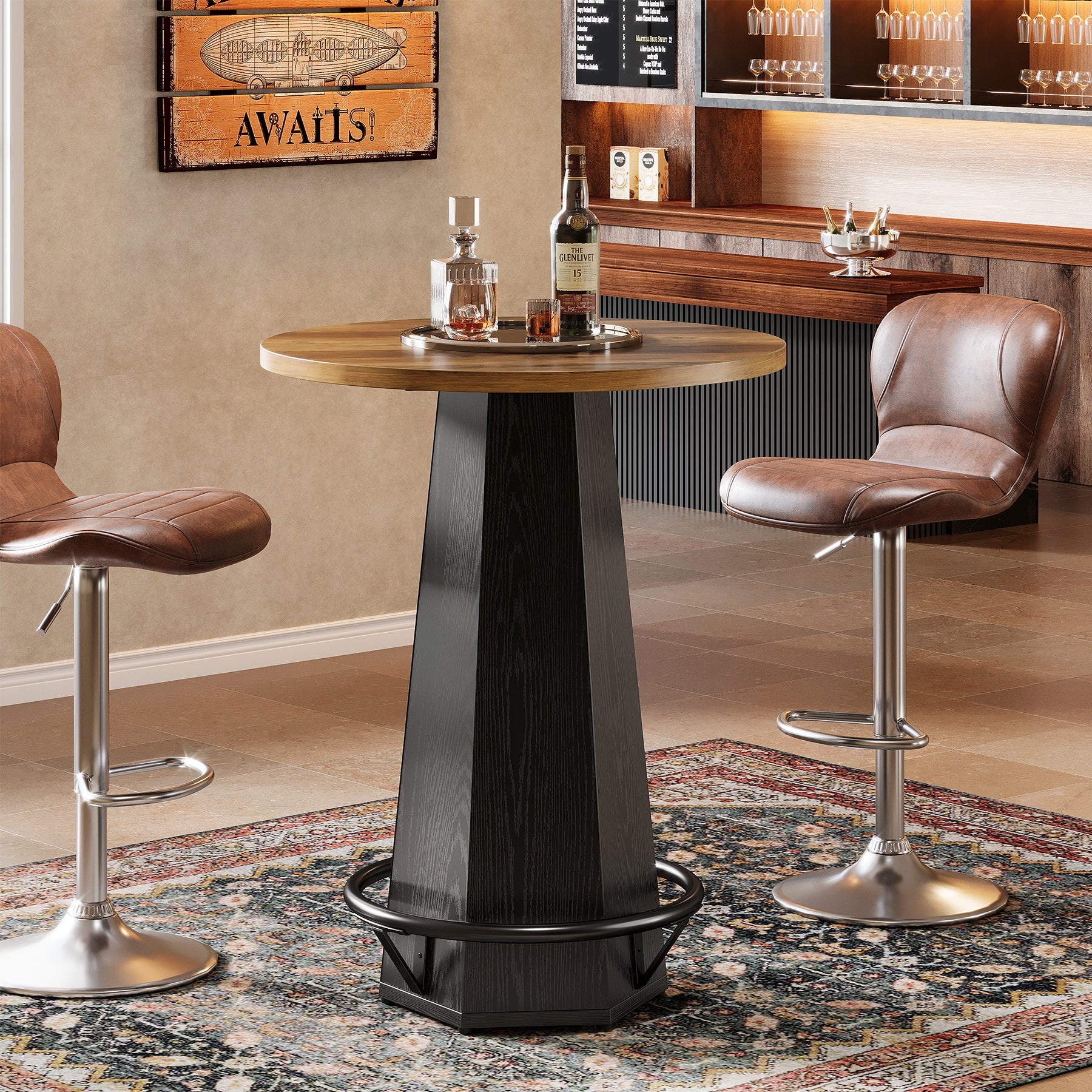 Round Bar Table, 39.4" H Bistro Pub Cocktail Table with Metal Footrest