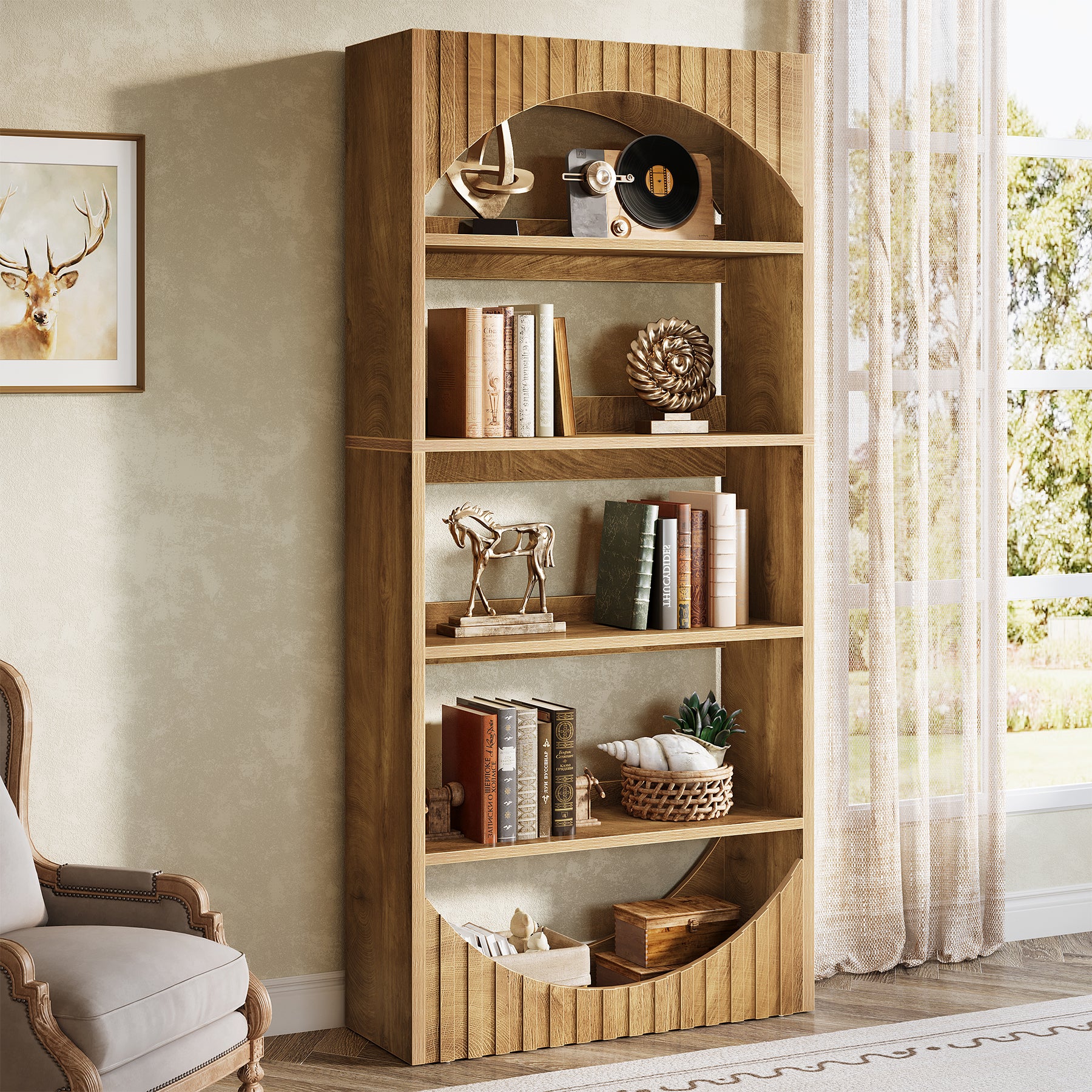 5-Tier Bookshelf, 70.8" Bookcase with Fluted Arched Top and Back Baffle