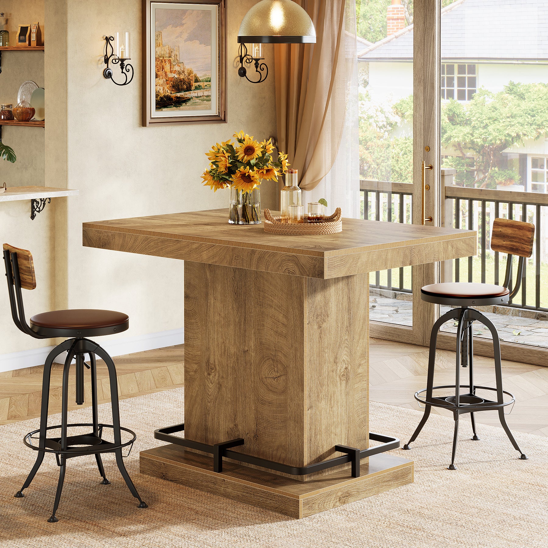47" Bar Table, Rectangular Bistro Pub Table with Metal Footrest