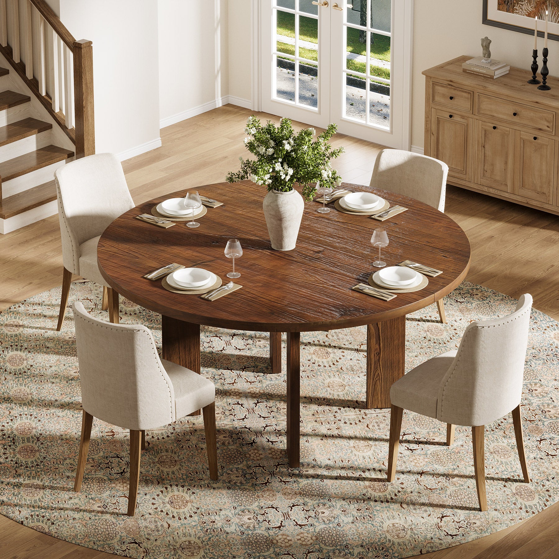 Solid Wood Round Dining Table, 47.24" Farmhouse Kitchen Table for 4-6 People