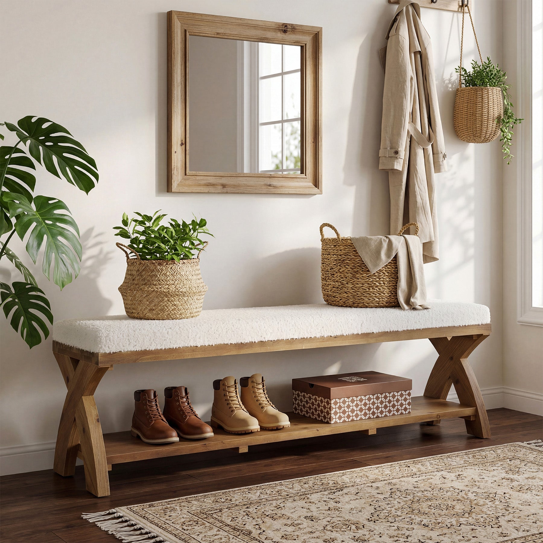 Solid Wood Upholstered Shoe Bench, Entryway Bench with Padded Seat and Storage Shelf