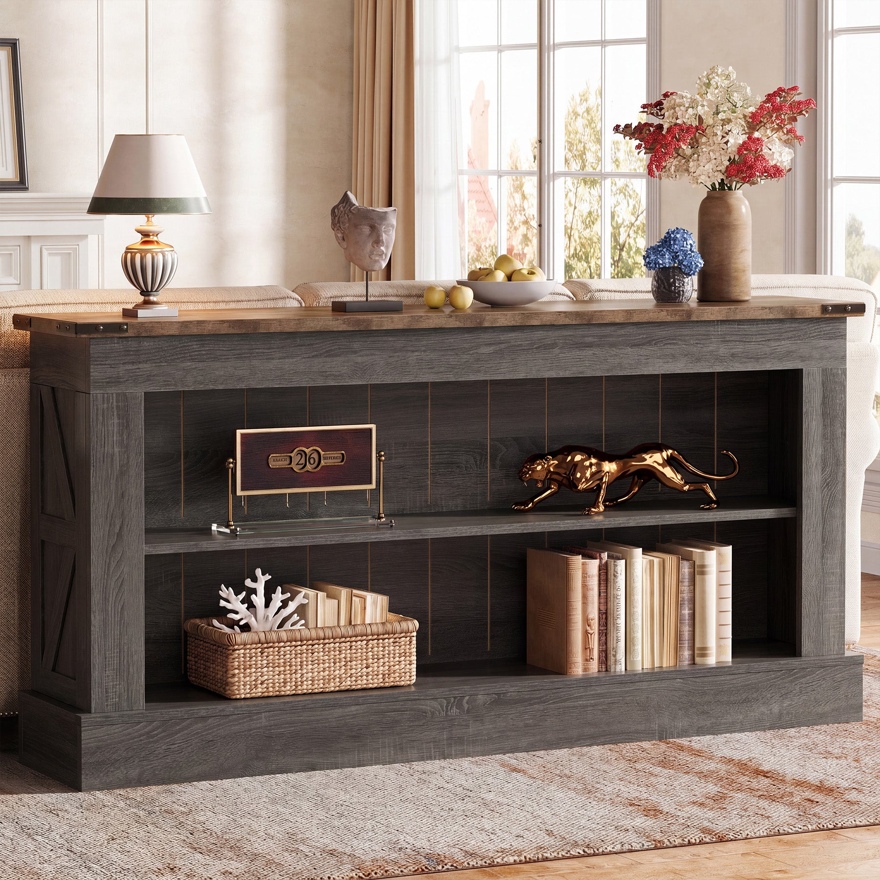63" Console Table, Long Entryway Table Sofa Table With Storage